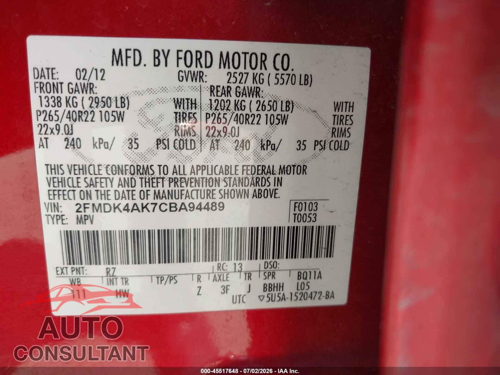 FORD EDGE 2012 - 2FMDK4AK7CBA94489
