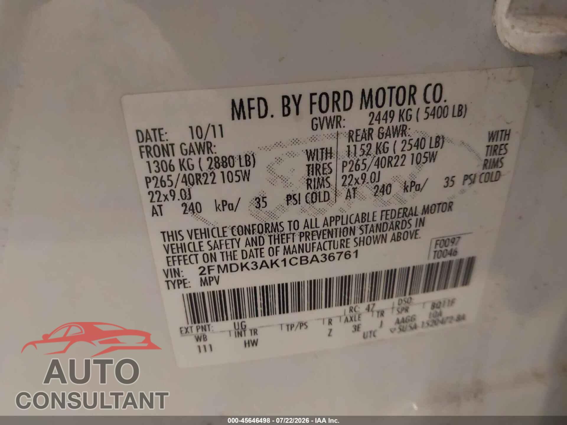 FORD EDGE 2012 - 2FMDK3AK1CBA36761