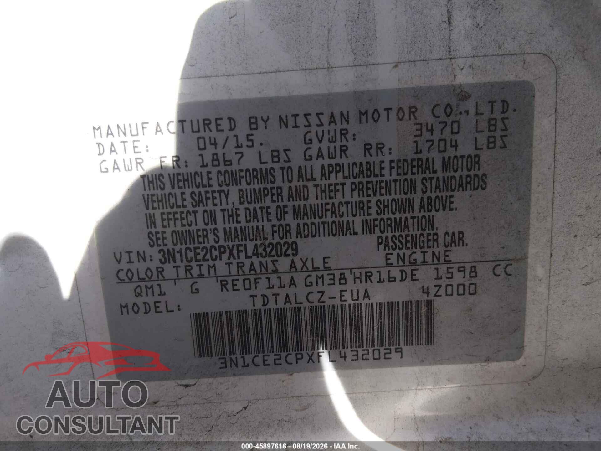 NISSAN VERSA NOTE 2015 - 3N1CE2CPXFL432029