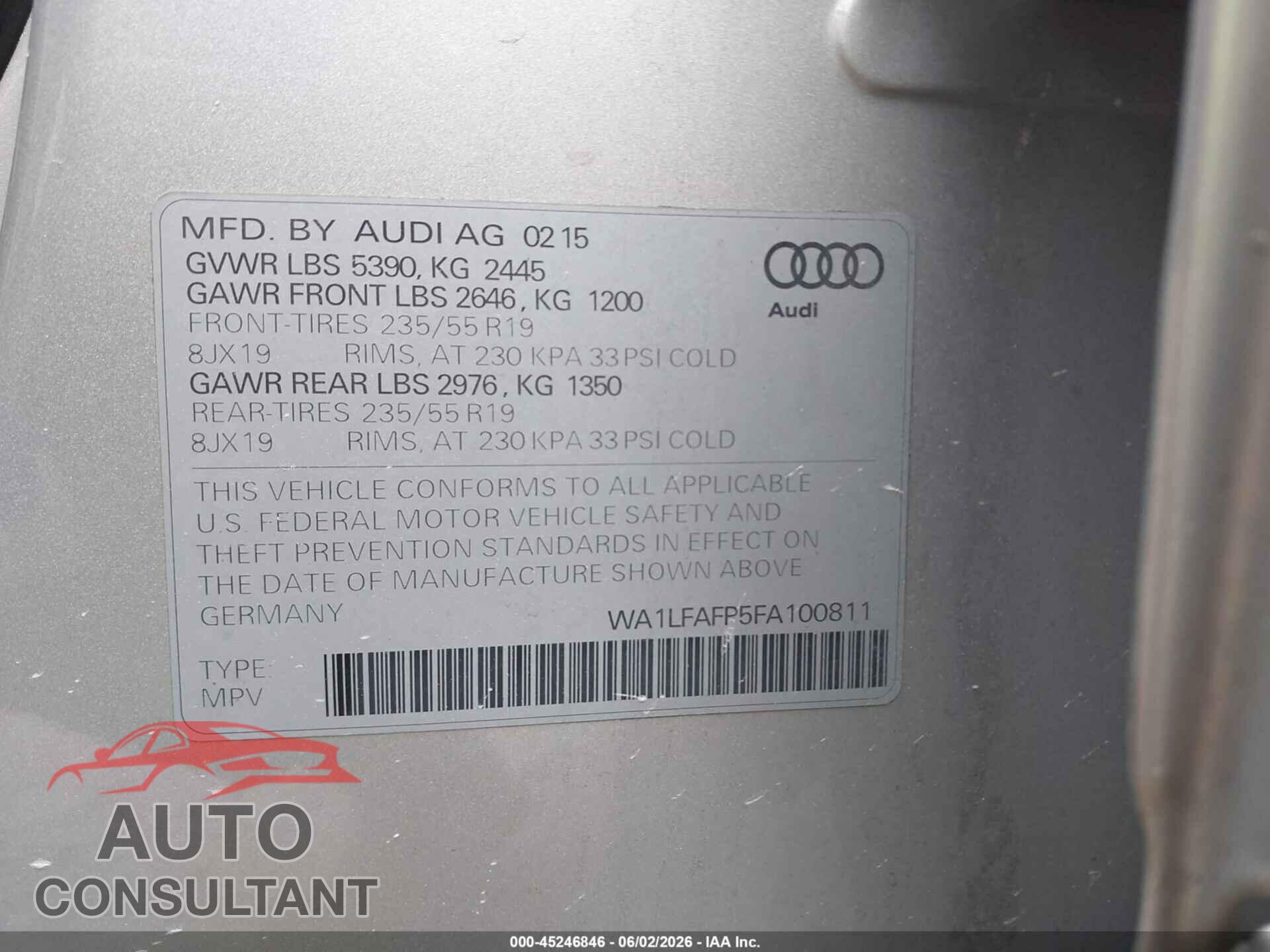 AUDI Q5 2015 - WA1LFAFP5FA100811