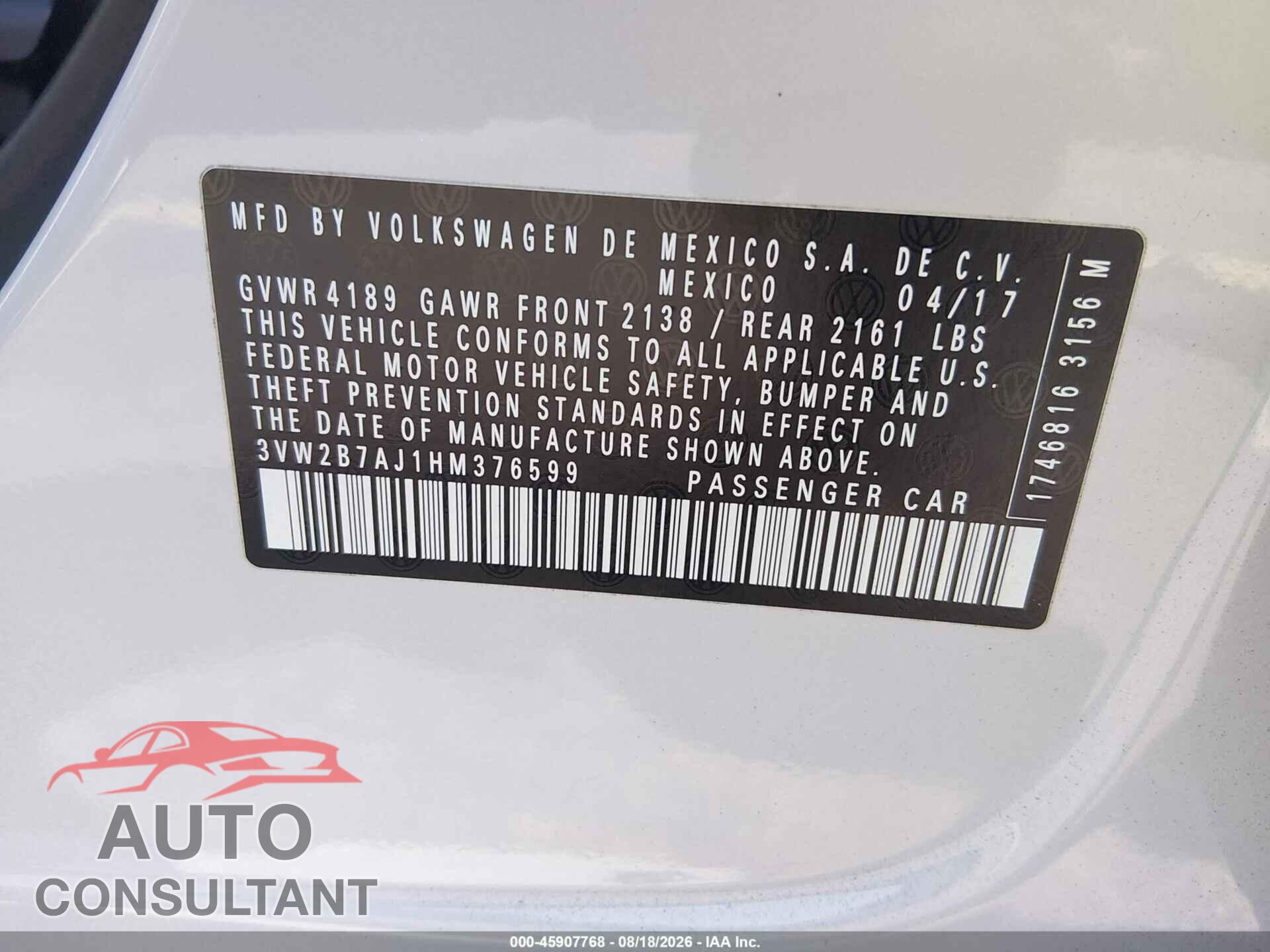 VOLKSWAGEN JETTA 2017 - 3VW2B7AJ1HM376599