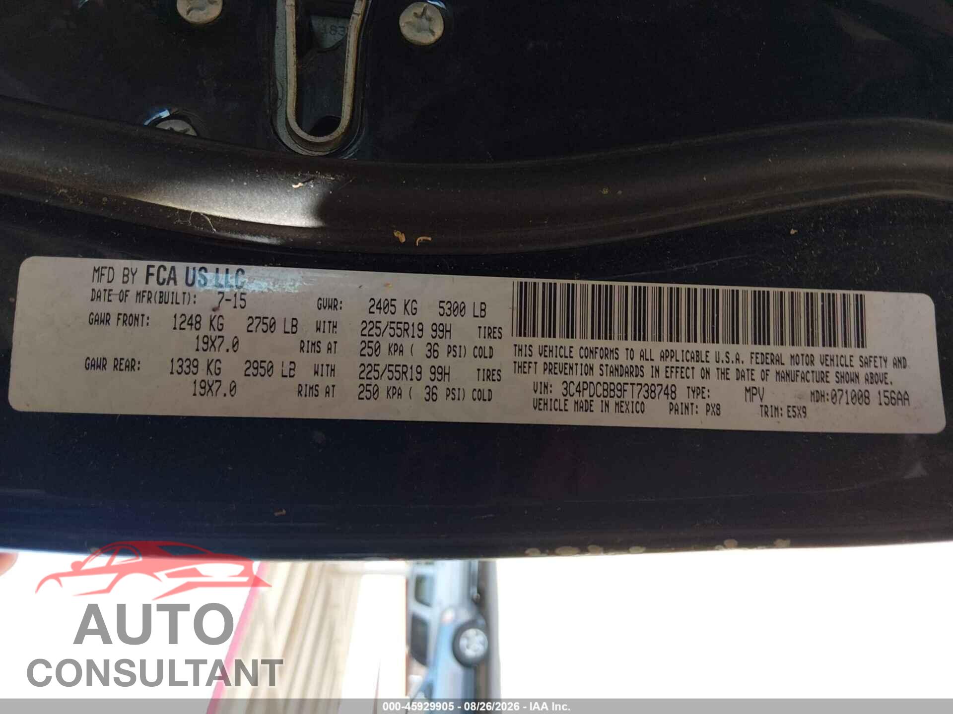 DODGE JOURNEY 2015 - 3C4PDCBB9FT738748