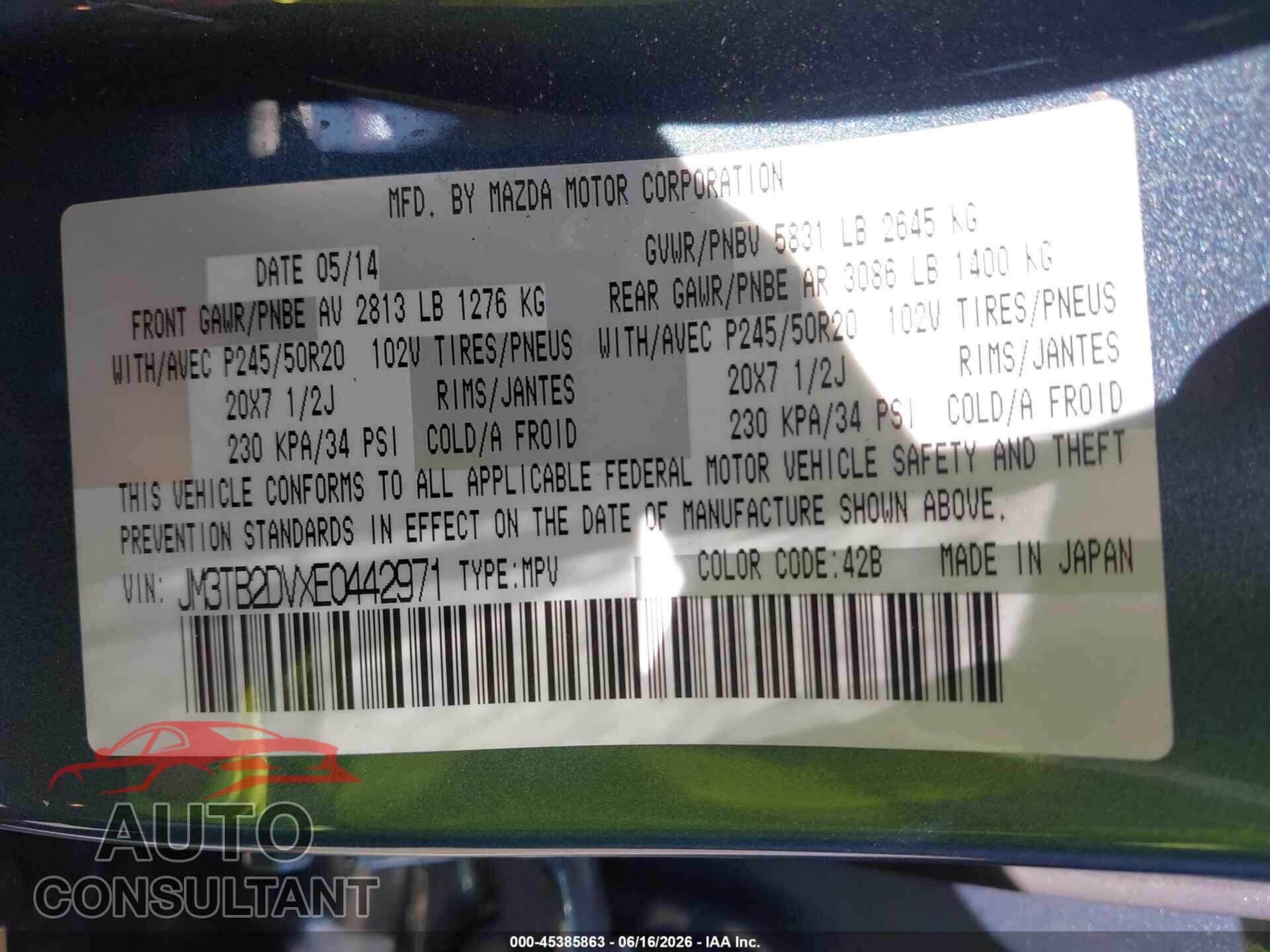 MAZDA CX-9 2014 - JM3TB2DVXE0442971
