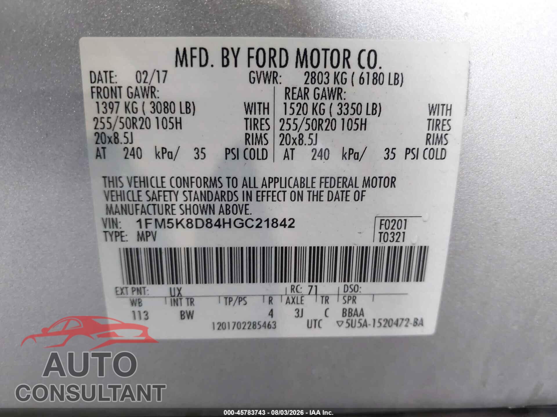 FORD EXPLORER 2017 - 1FM5K8D84HGC21842