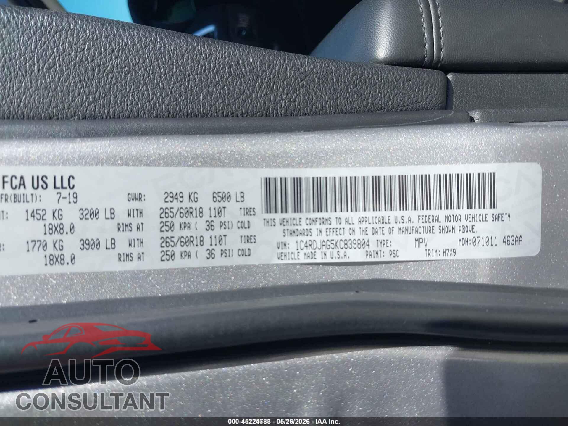 DODGE DURANGO 2019 - 1C4RDJAG5KC839804