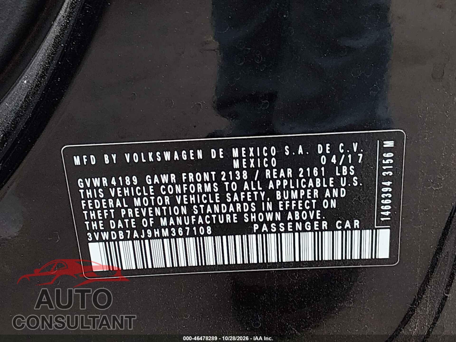 VOLKSWAGEN JETTA 2017 - 3VWDB7AJ9HM367108