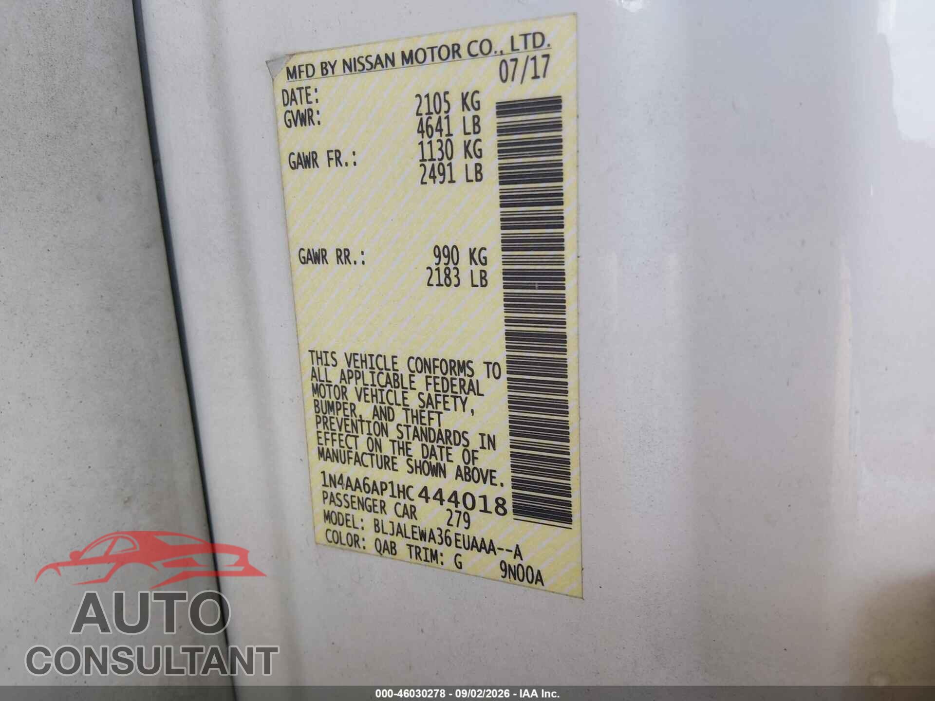 NISSAN MAXIMA 2017 - 1N4AA6AP1HC444018