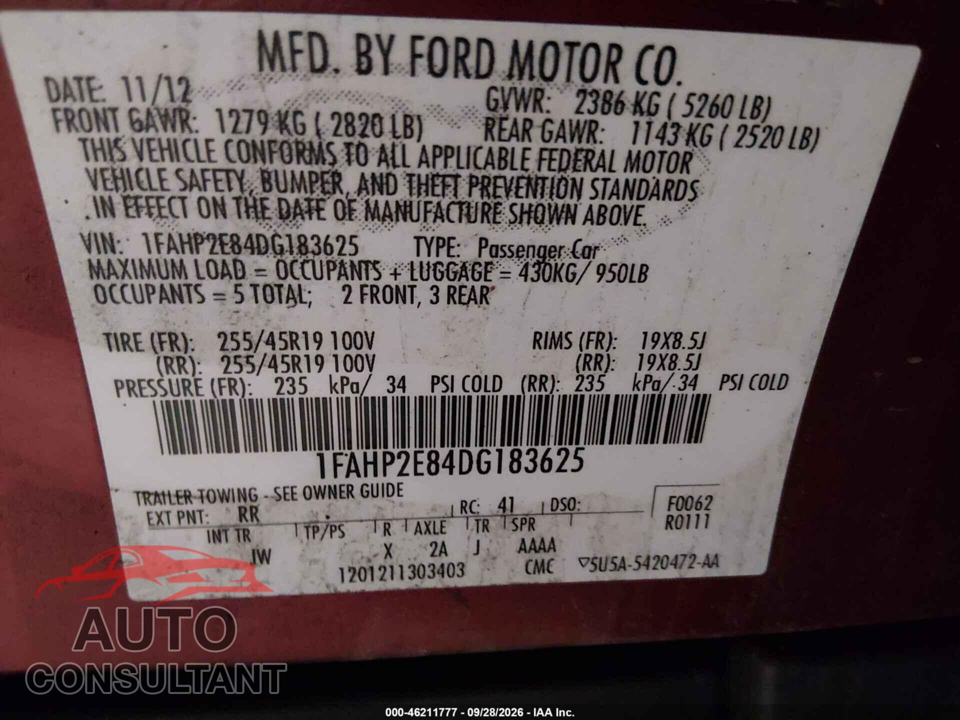 FORD TAURUS 2013 - 1FAHP2E84DG183625
