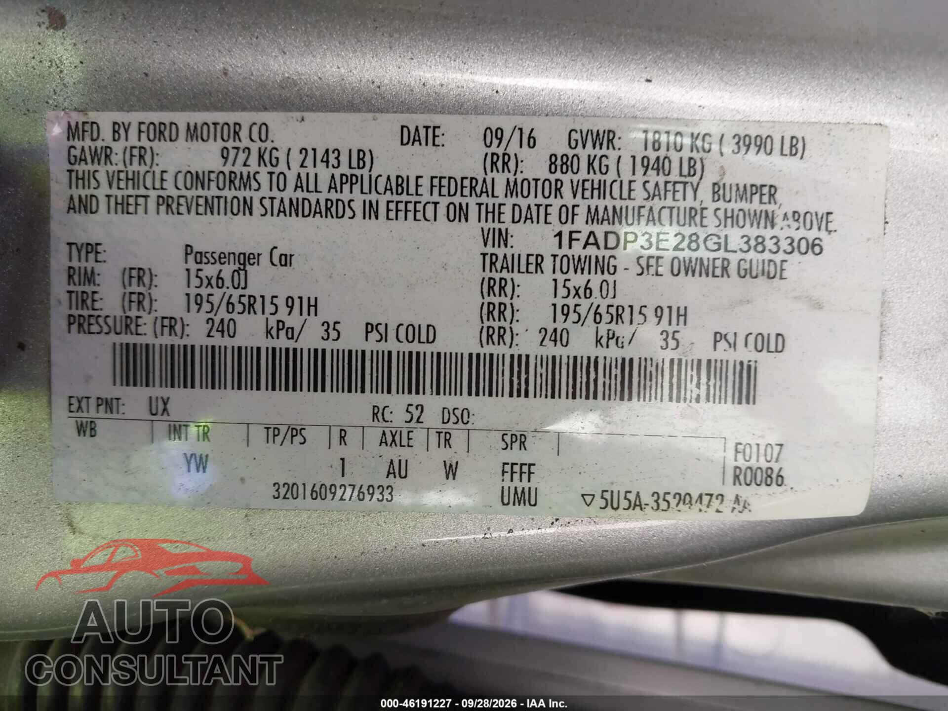 FORD FOCUS 2016 - 1FADP3E28GL383306