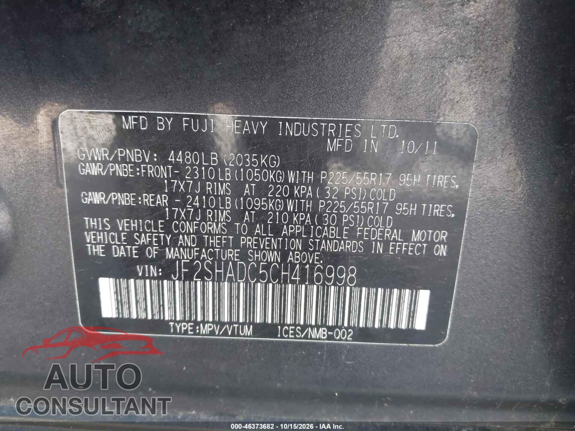 SUBARU FORESTER 2012 - JF2SHADC5CH416998