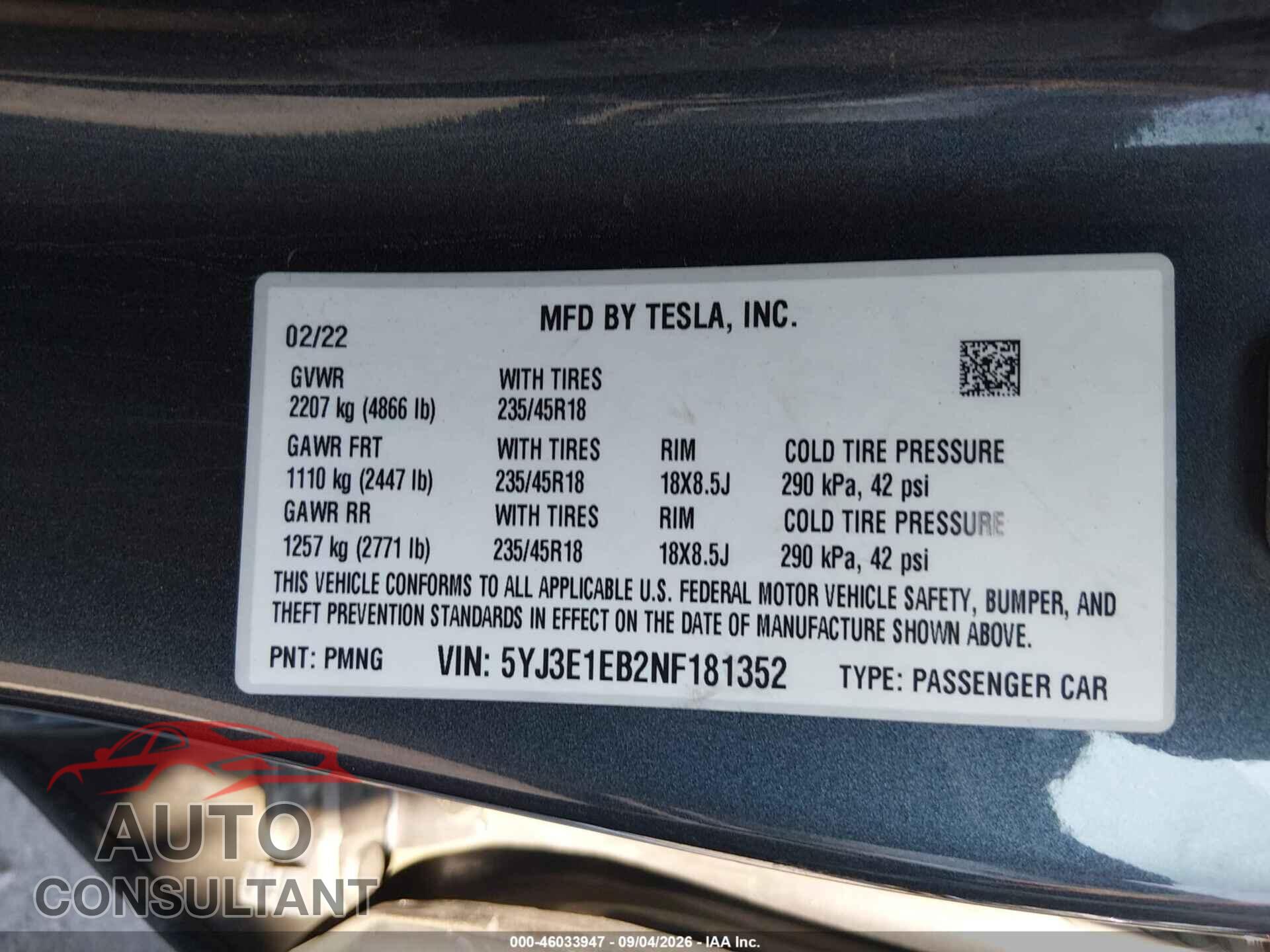 TESLA MODEL 3 2022 - 5YJ3E1EB2NF181352