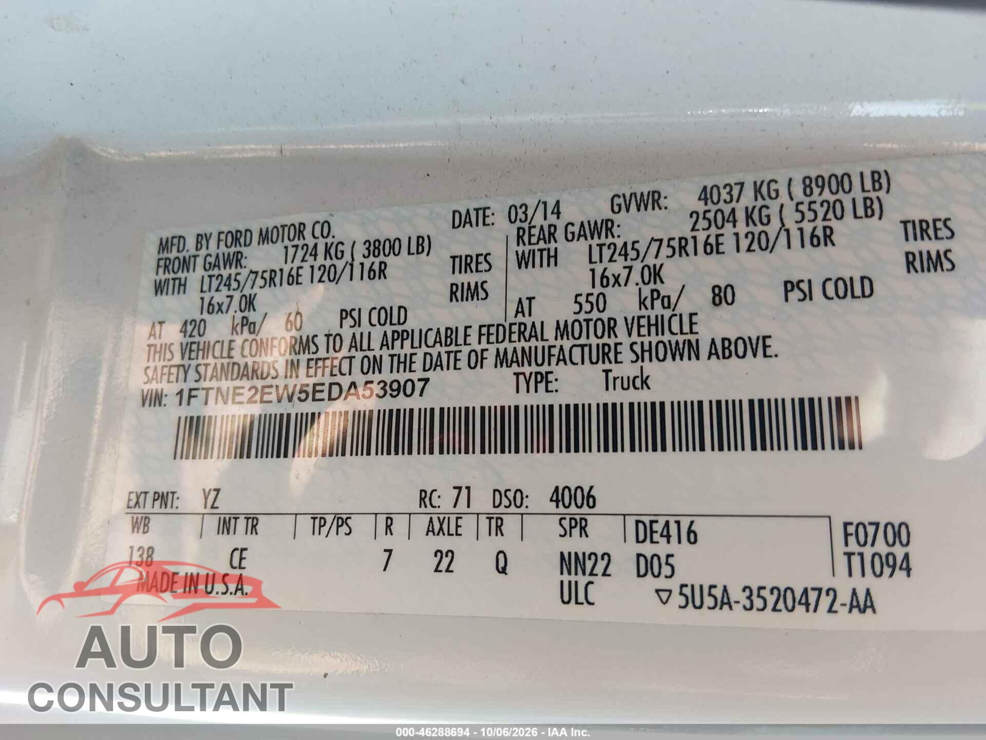 FORD E-250 2014 - 1FTNE2EW5EDA53907