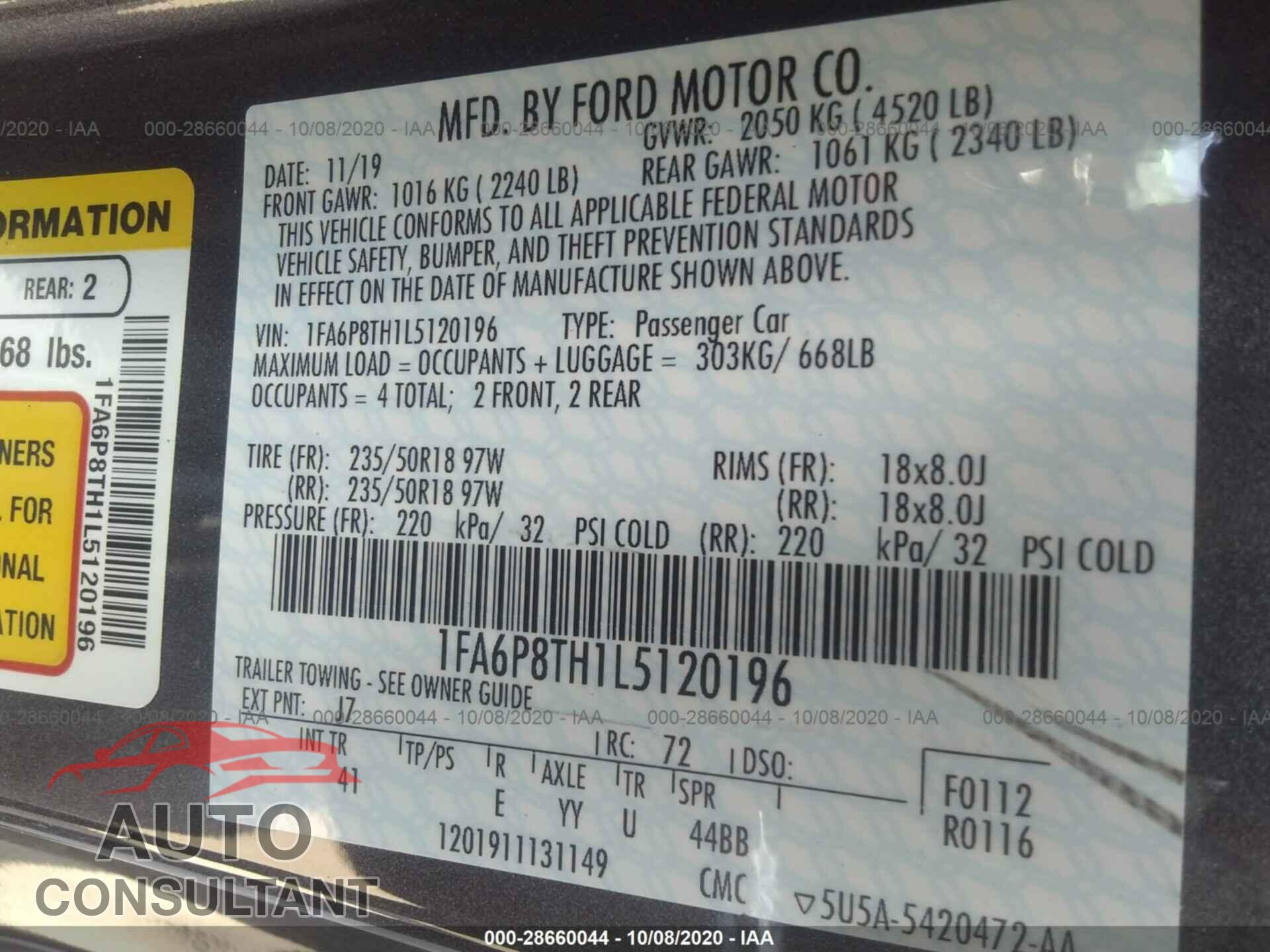 FORD MUSTANG 2020 - 1FA6P8TH1L5120196