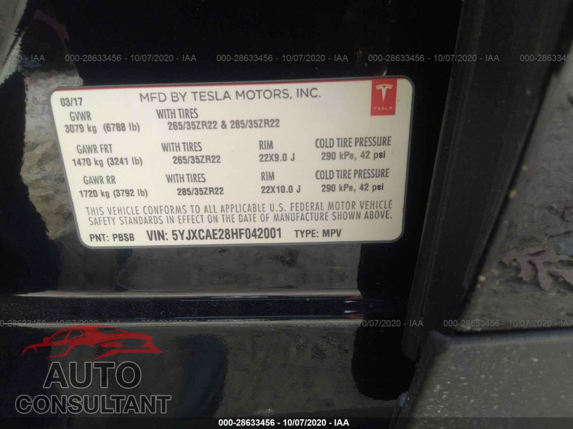 TESLA MODEL X 2017 - 5YJXCAE28HF042001