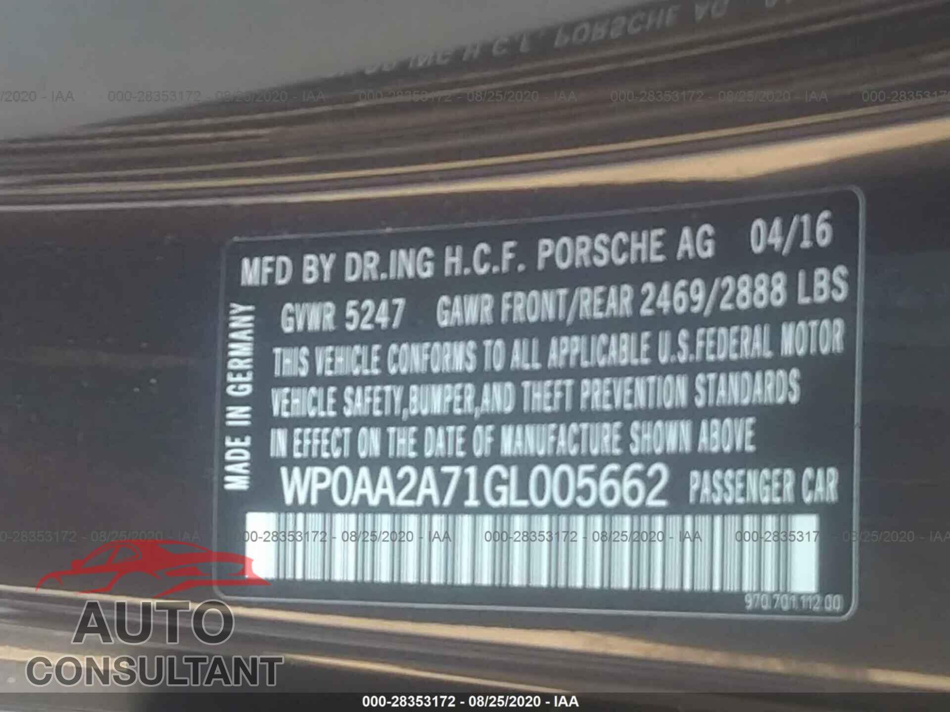 PORSCHE PANAMERA 2016 - WP0AA2A71GL005662