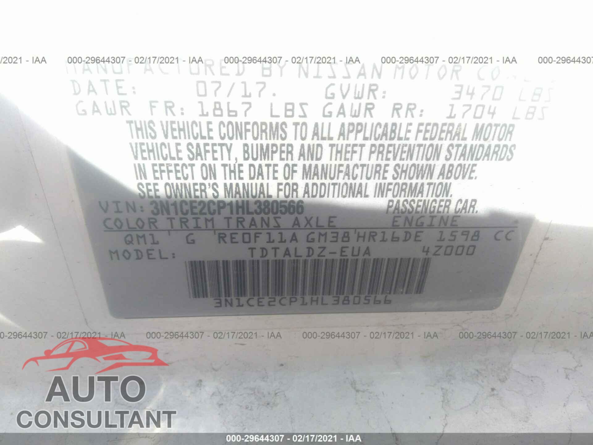 NISSAN VERSA NOTE 2017 - 3N1CE2CP1HL380566