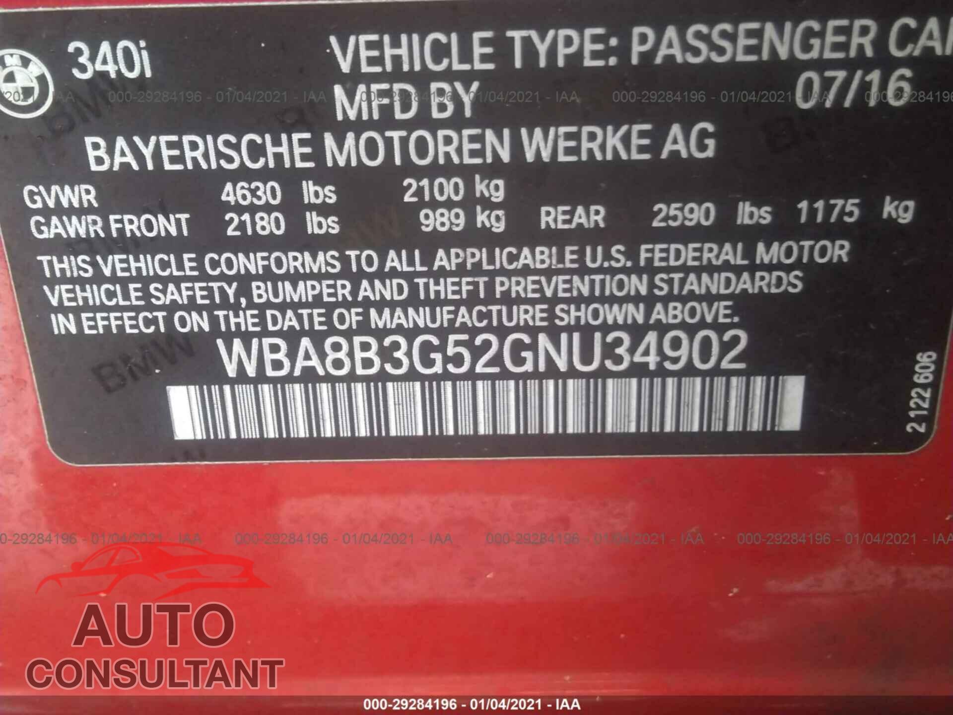 BMW 3 SERIES 2016 - WBA8B3G52GNU34902