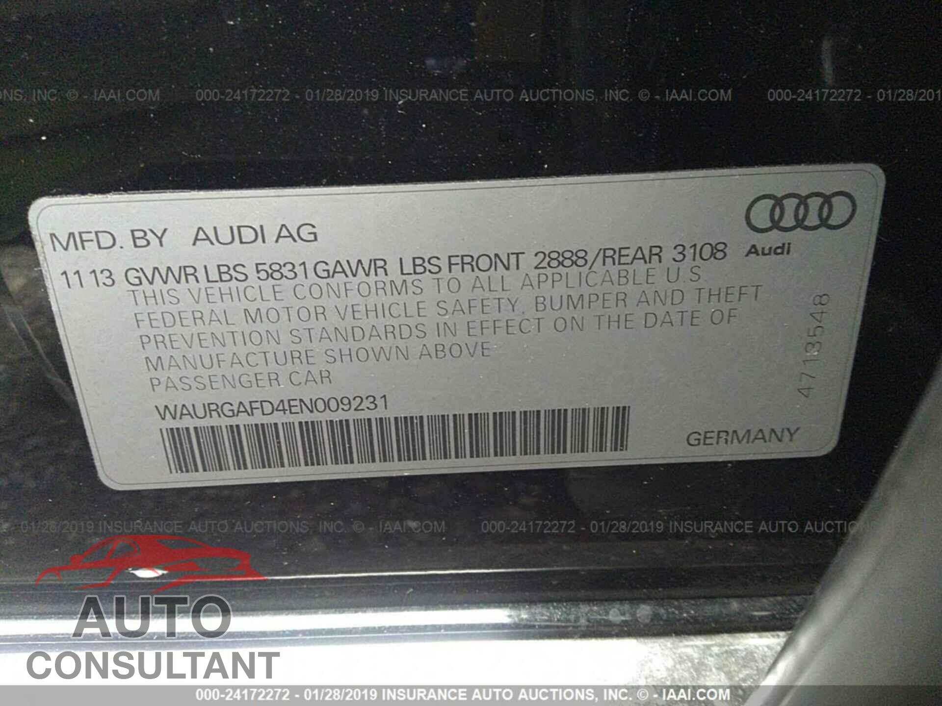 AUDI A8 2014 - WAURGAFD4EN009231