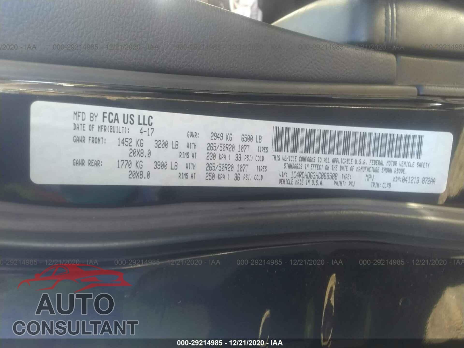 DODGE DURANGO 2017 - 1C4RDHDG3HC869588