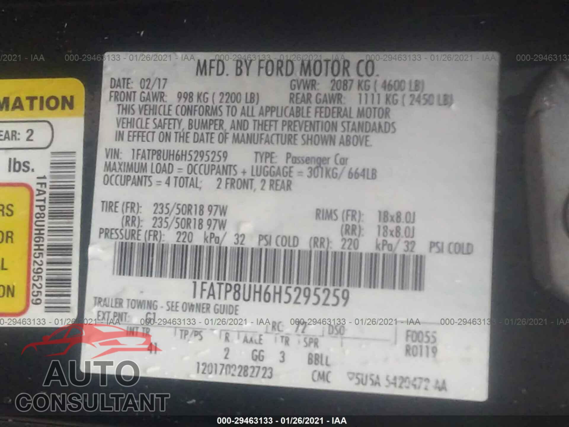 FORD MUSTANG 2017 - 1FATP8UH6H5295259