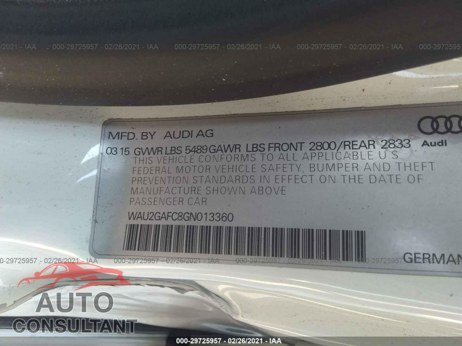 AUDI A7 2016 - WAU2GAFC8GN013360