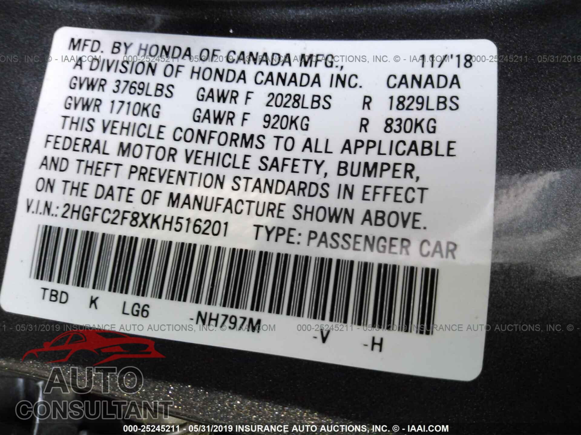 HONDA CIVIC 2019 - 2HGFC2F8XKH516201