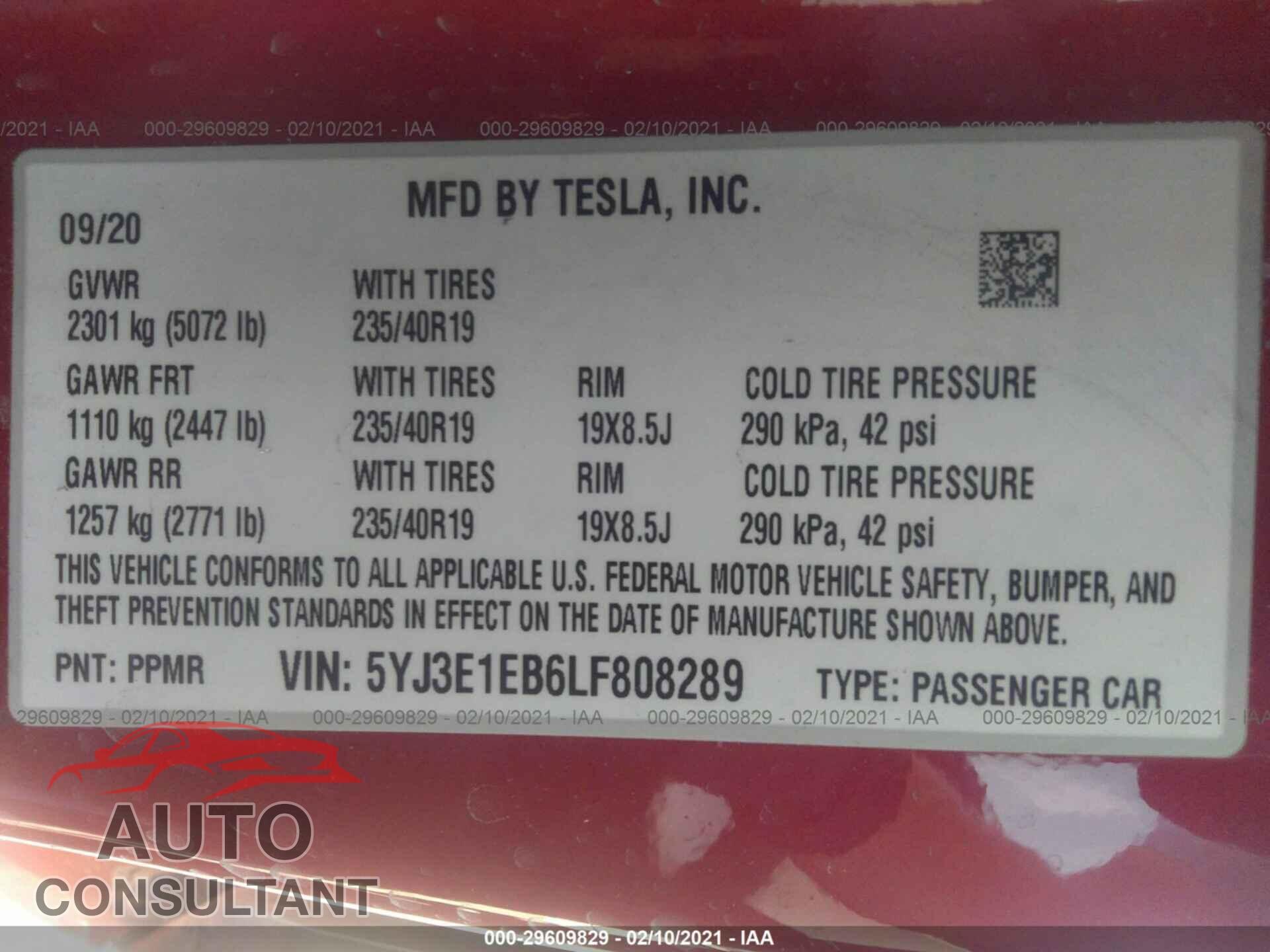 TESLA MODEL 3 2020 - 5YJ3E1EB6LF808289