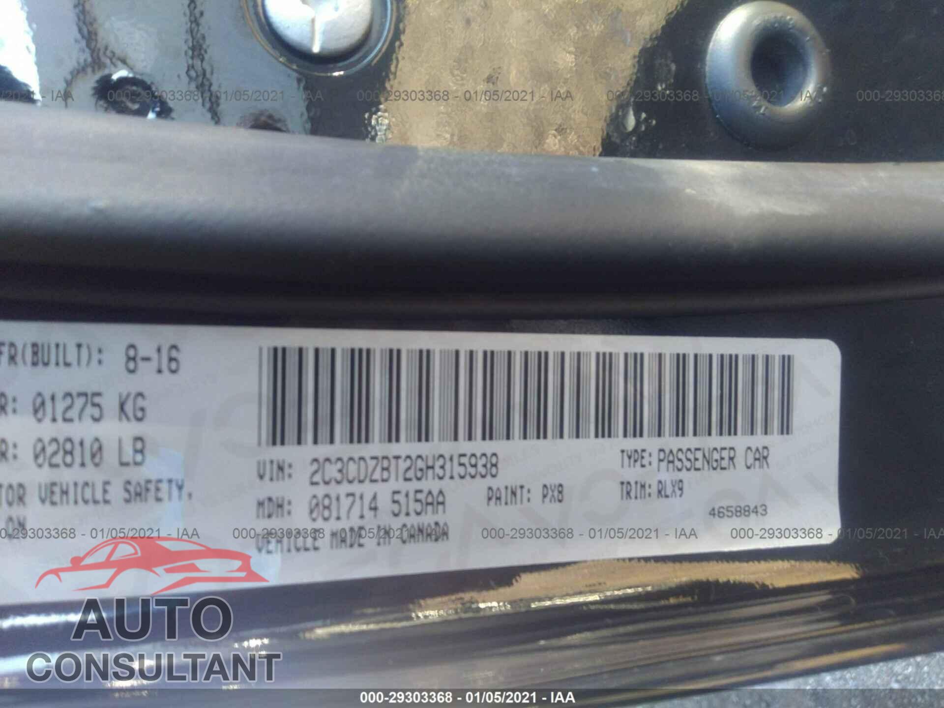DODGE CHALLENGER 2016 - 2C3CDZBT2GH315938