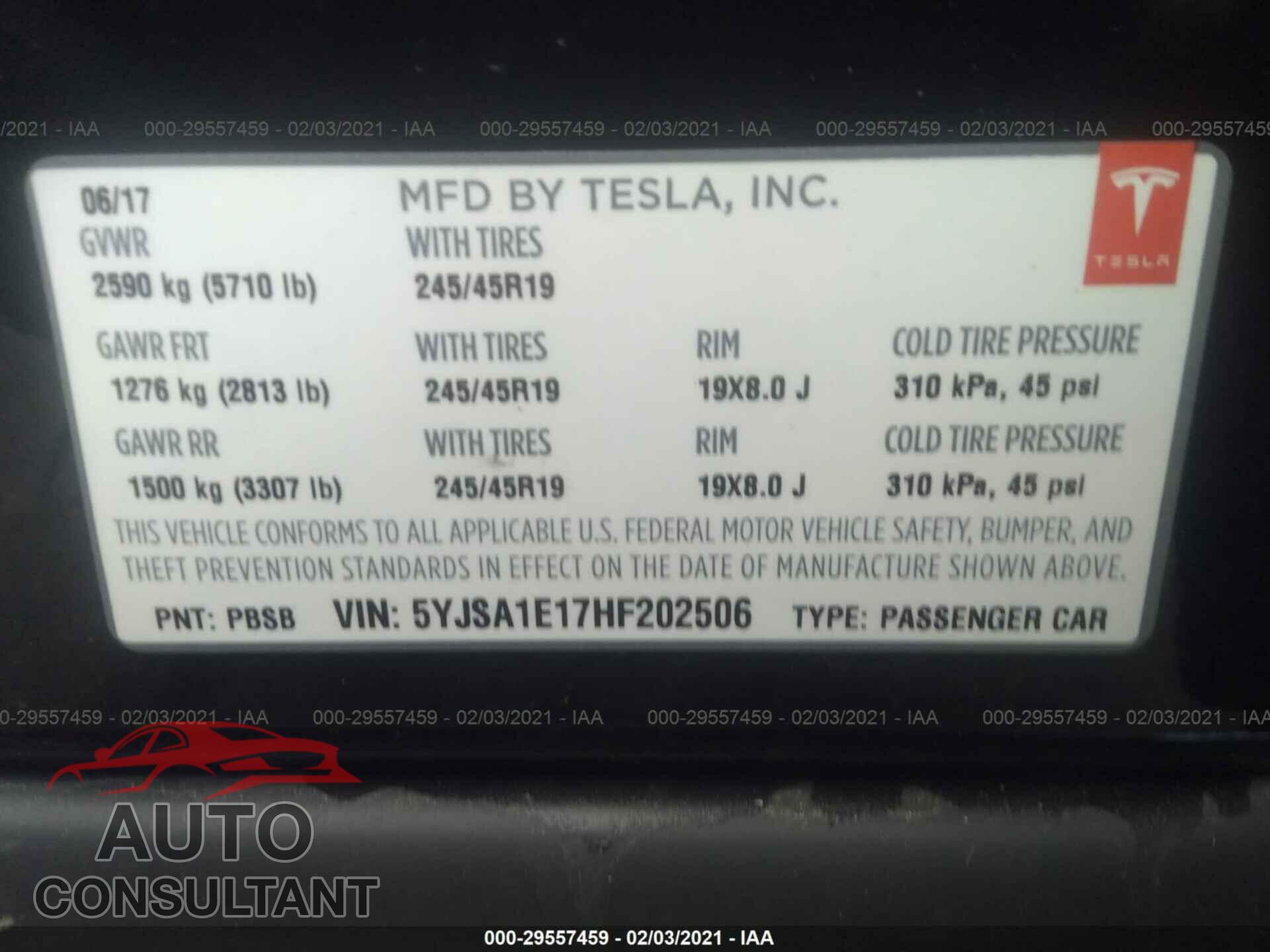 TESLA MODEL S 2017 - 5YJSA1E17HF202506