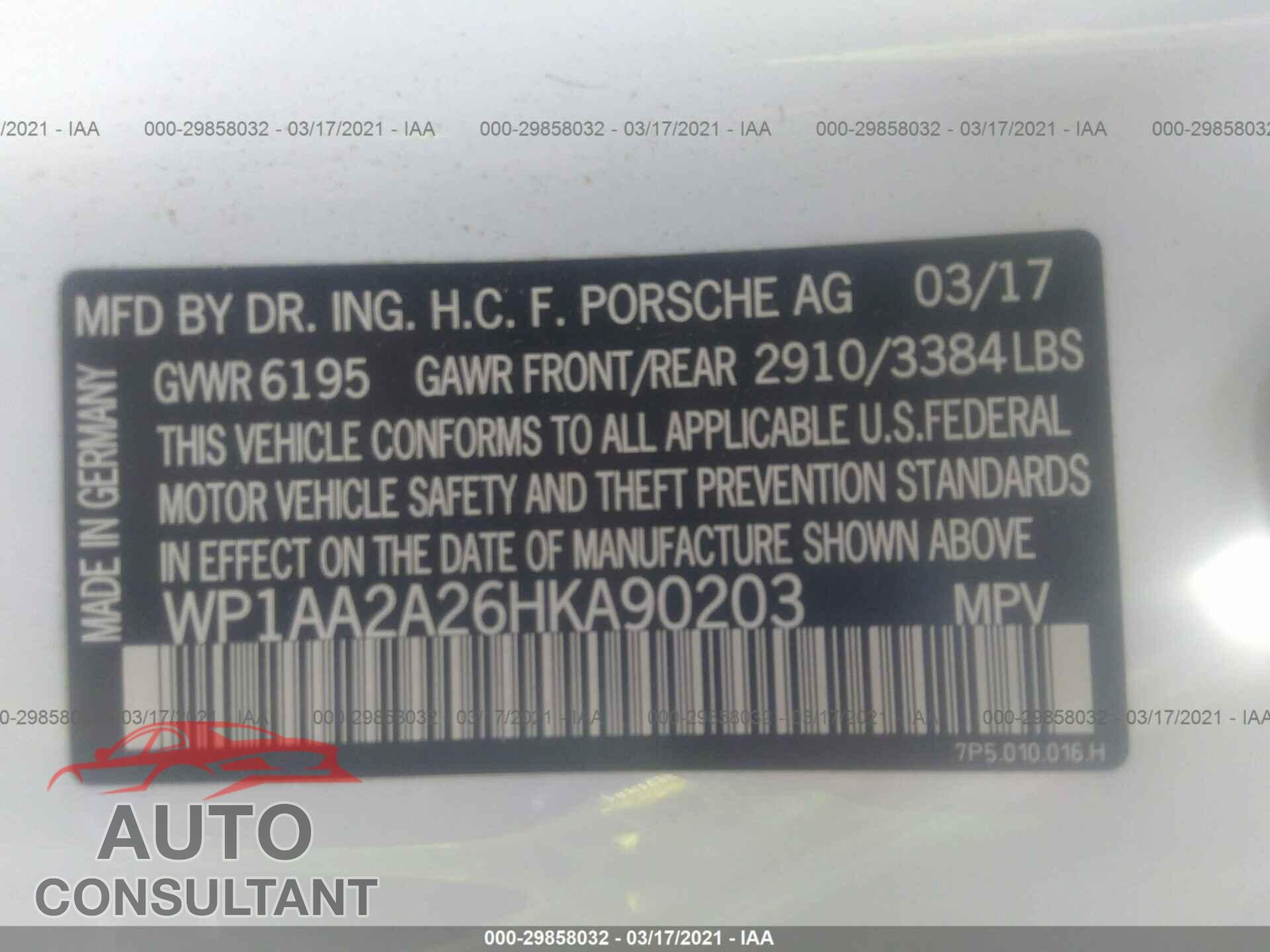 PORSCHE CAYENNE 2017 - WP1AA2A26HKA90203