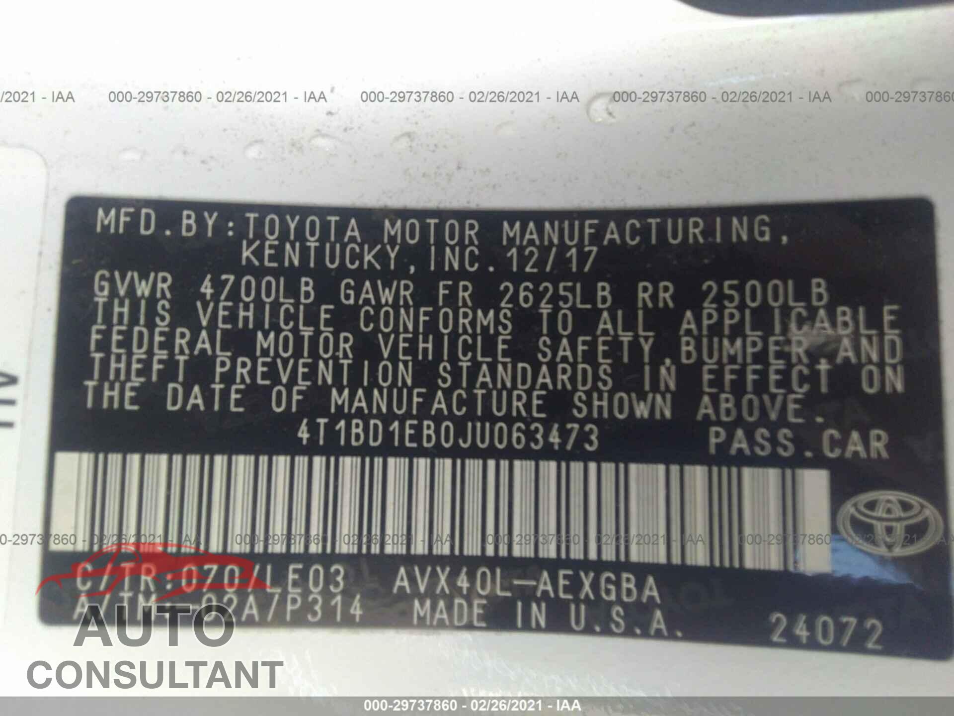 TOYOTA AVALON 2018 - 4T1BD1EB0JU063473