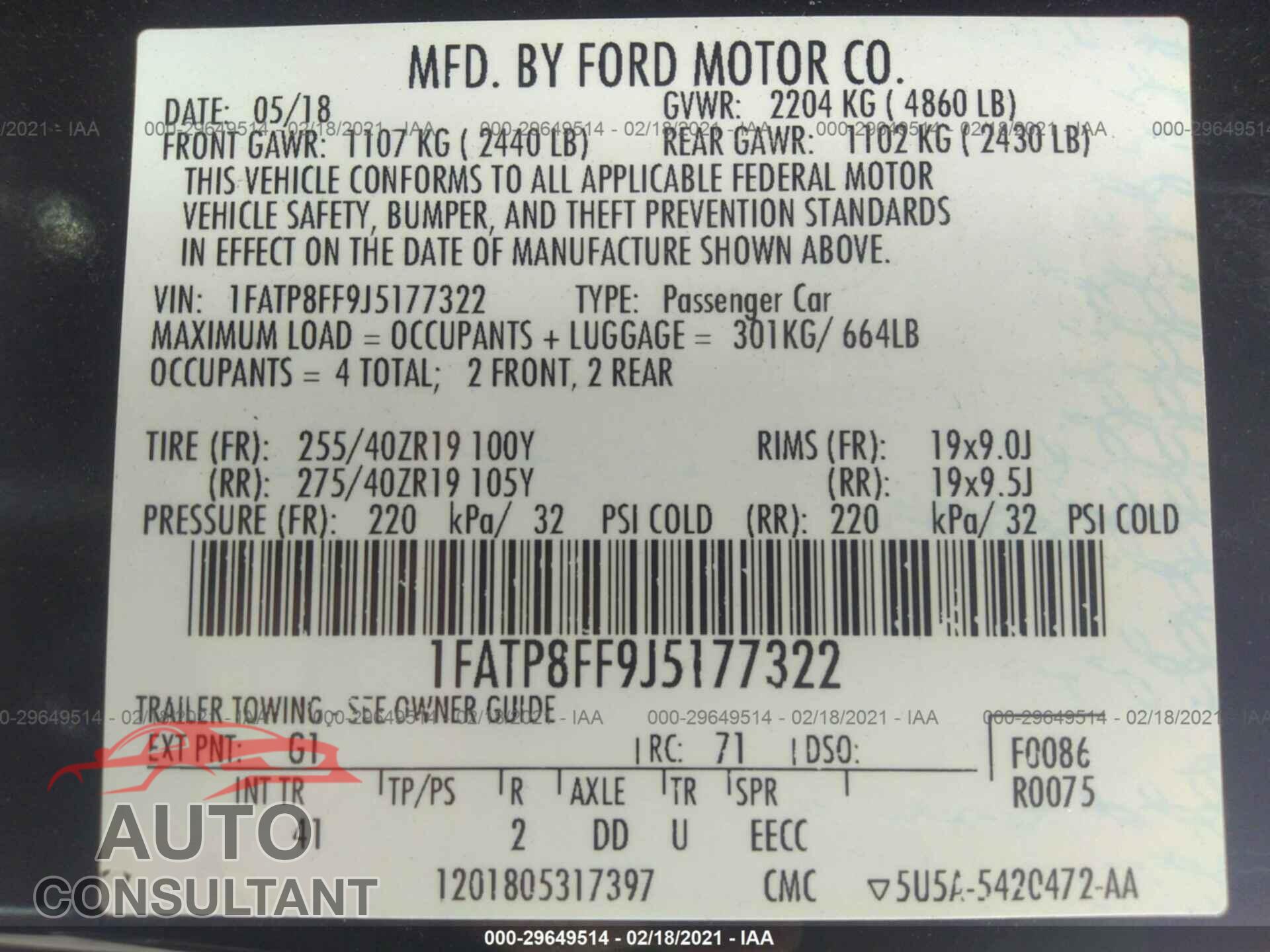 FORD MUSTANG 2018 - 1FATP8FF9J5177322