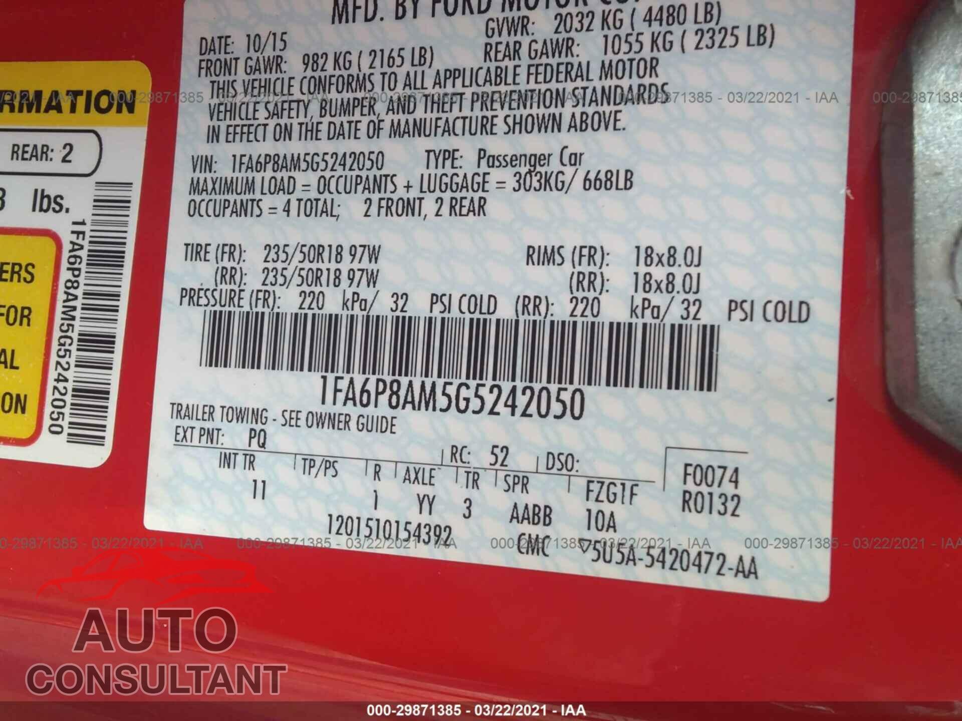 FORD MUSTANG 2016 - 1FA6P8AM5G5242050