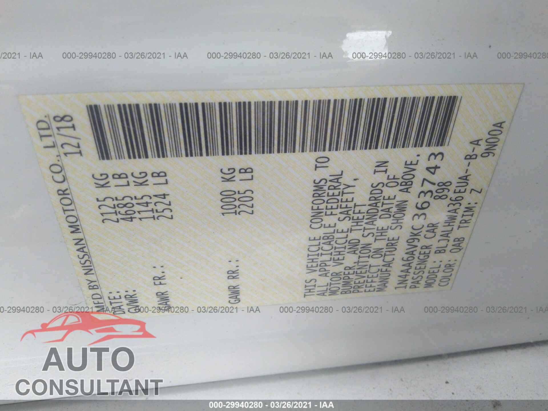 NISSAN MAXIMA 2019 - 1N4AA6AV9KC363743