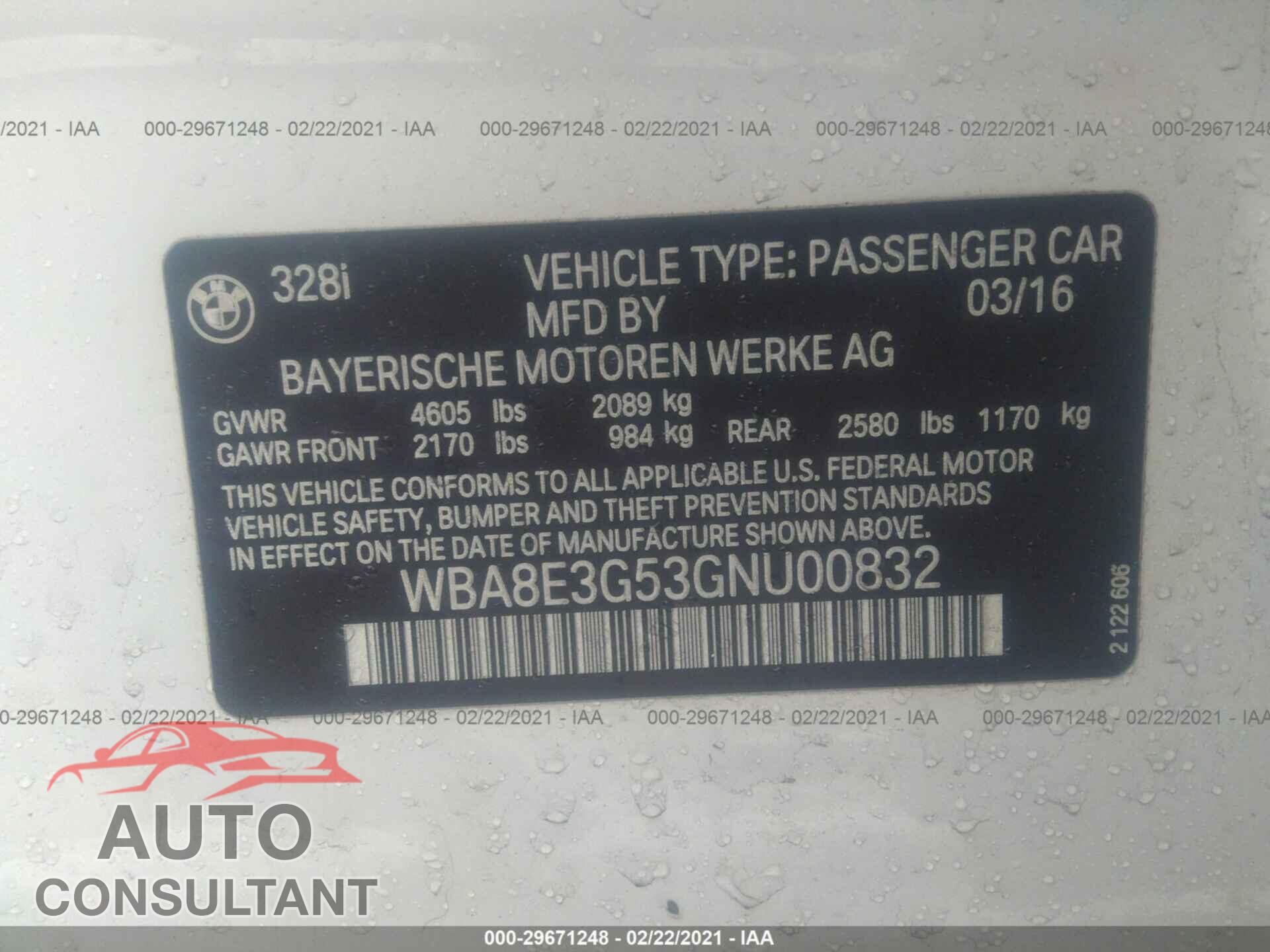 BMW 3 SERIES 2016 - WBA8E3G53GNU00832