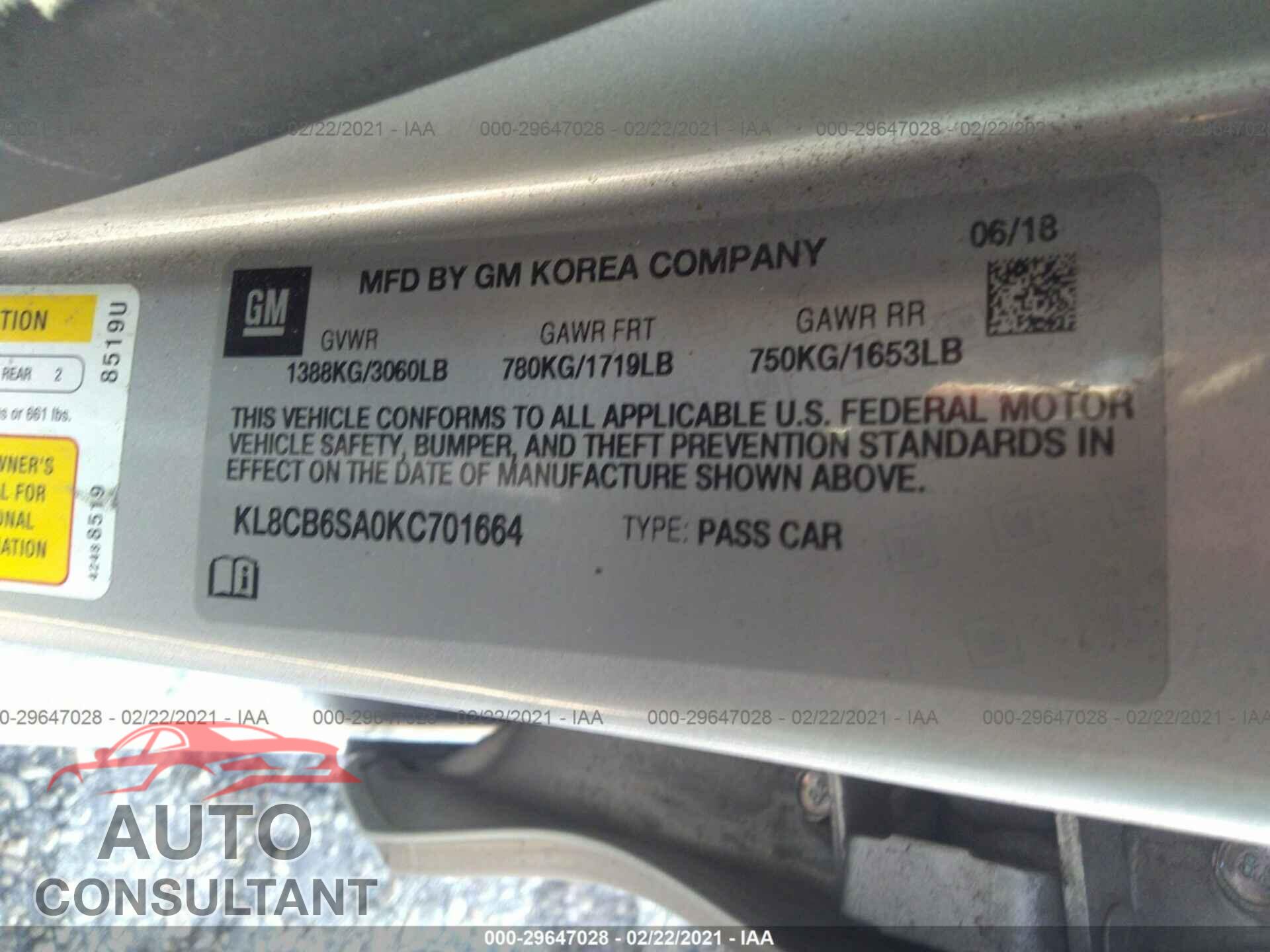 CHEVROLET SPARK 2019 - KL8CB6SA0KC701664