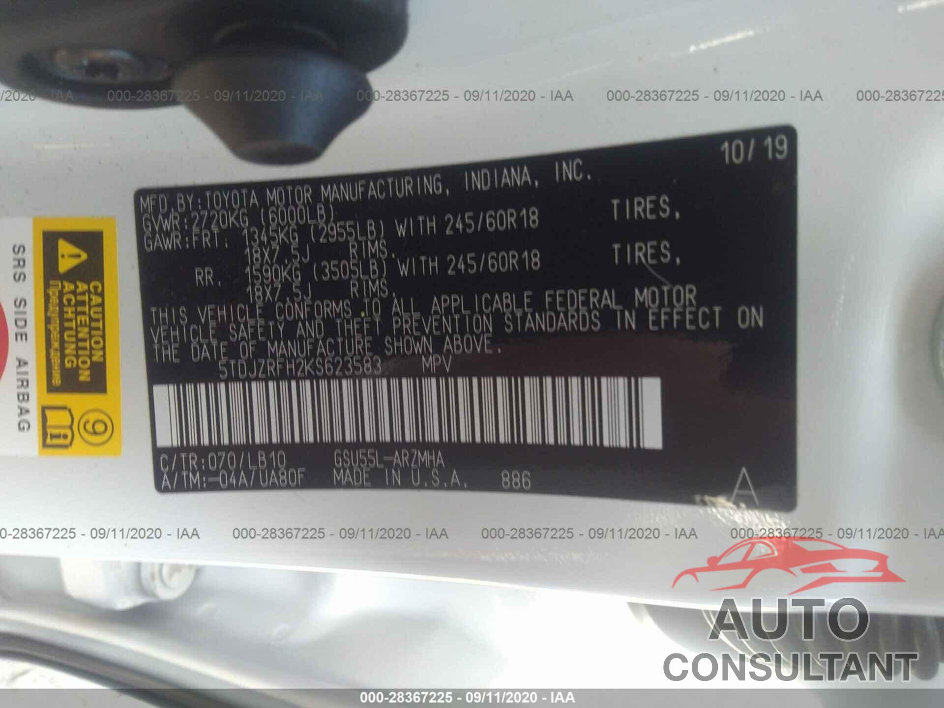 TOYOTA HIGHLANDER 2019 - 5TDJZRFH2KS623583