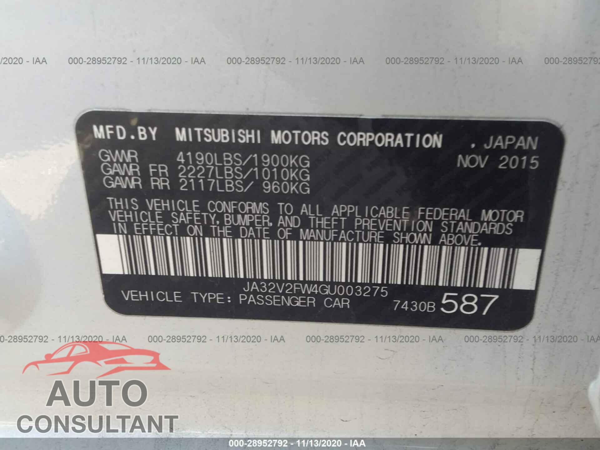 MITSUBISHI LANCER 2016 - JA32V2FW4GU003275