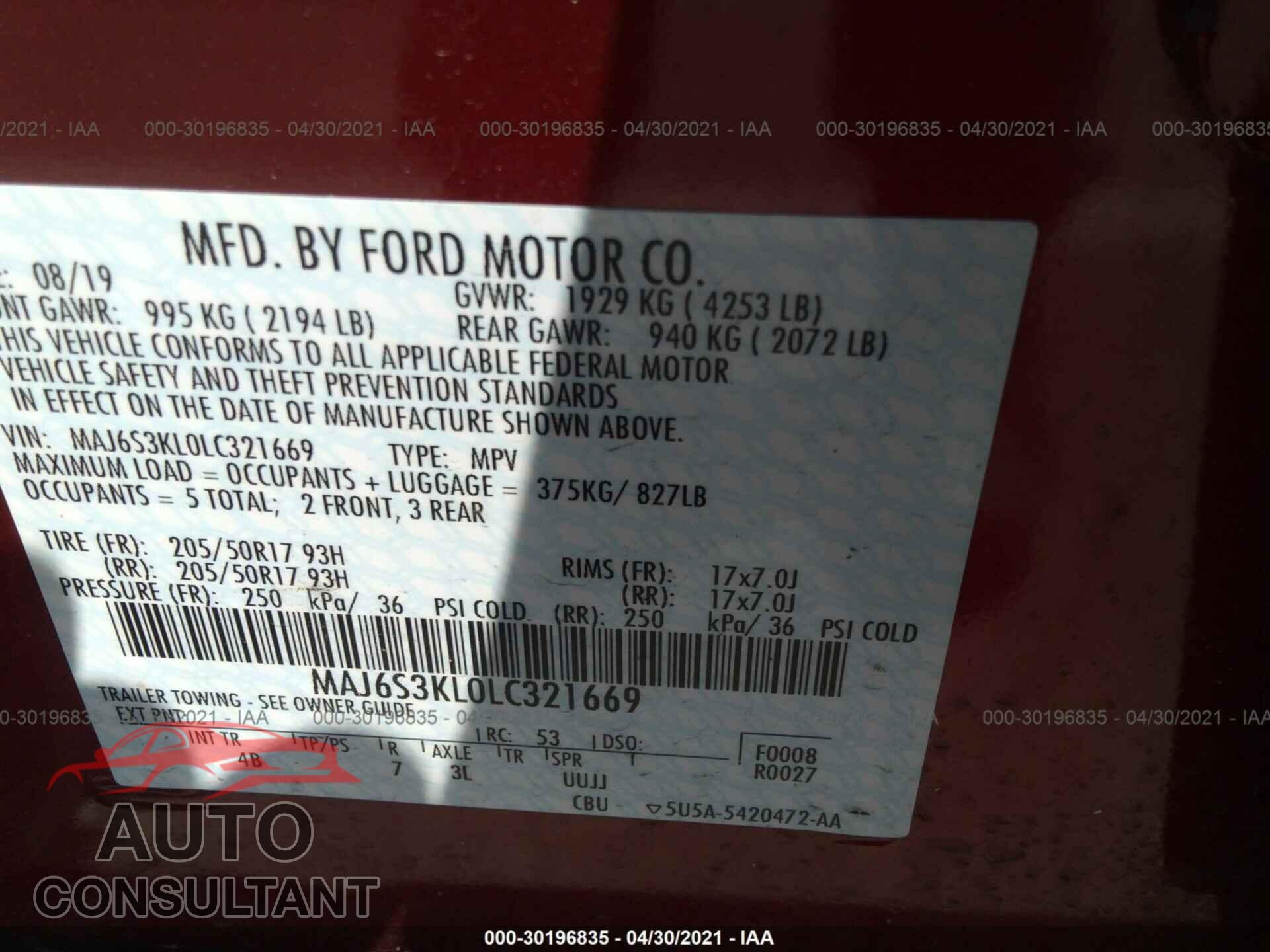 FORD ECOSPORT 2020 - MAJ6S3KL0LC321669