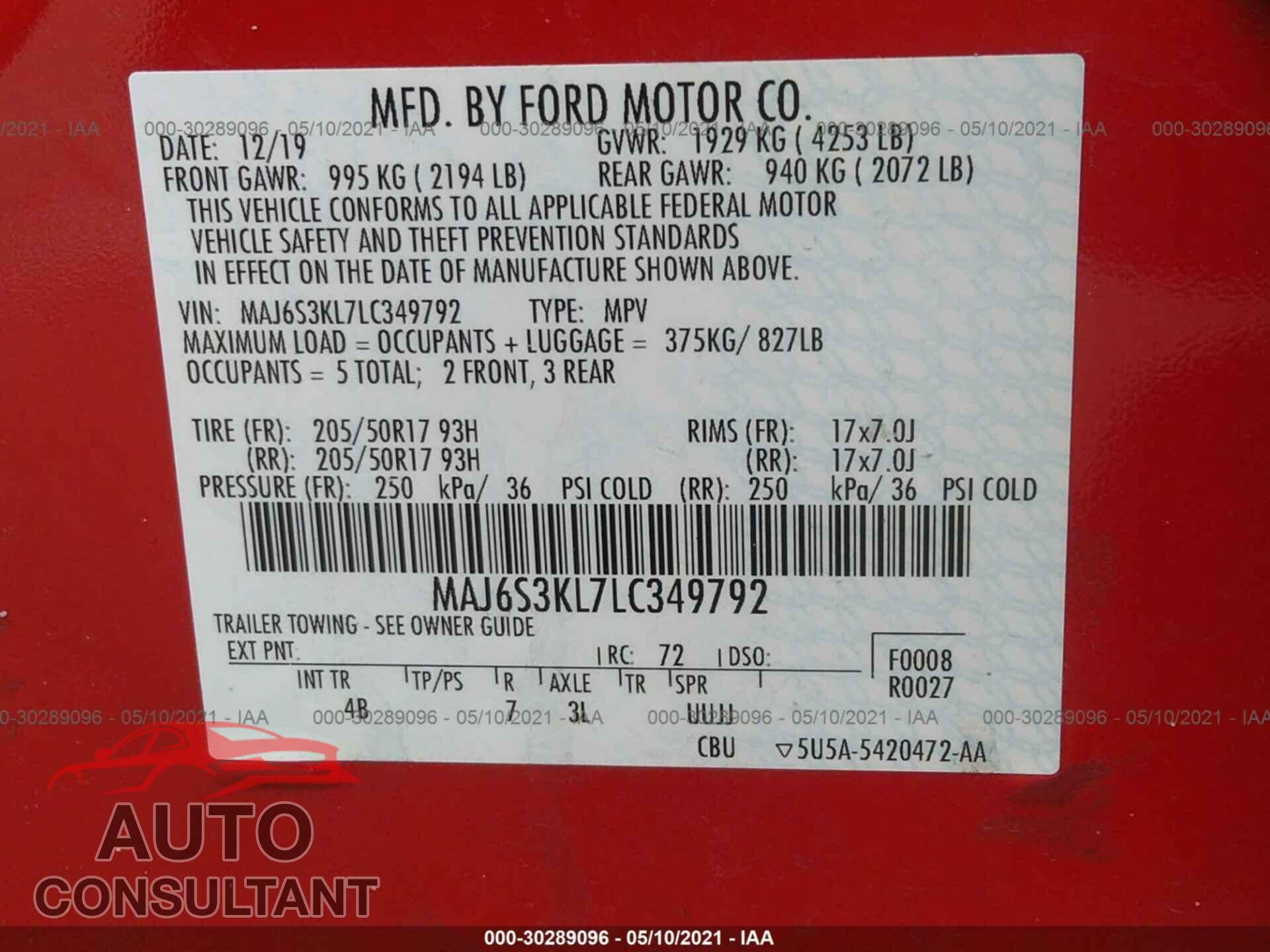 FORD ECOSPORT 2020 - MAJ6S3KL7LC349792