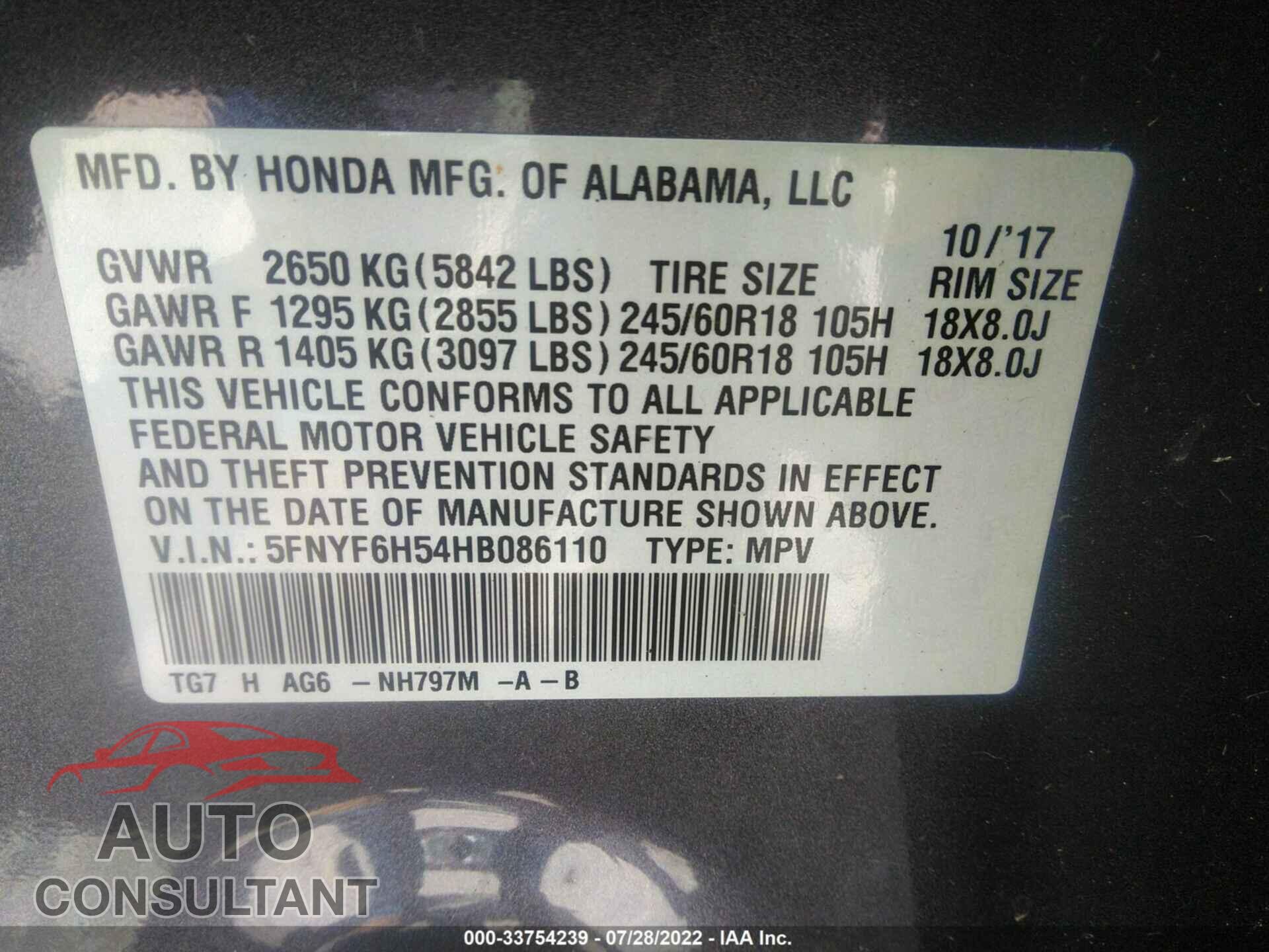 HONDA PILOT 2017 - 5FNYF6H54HB086110