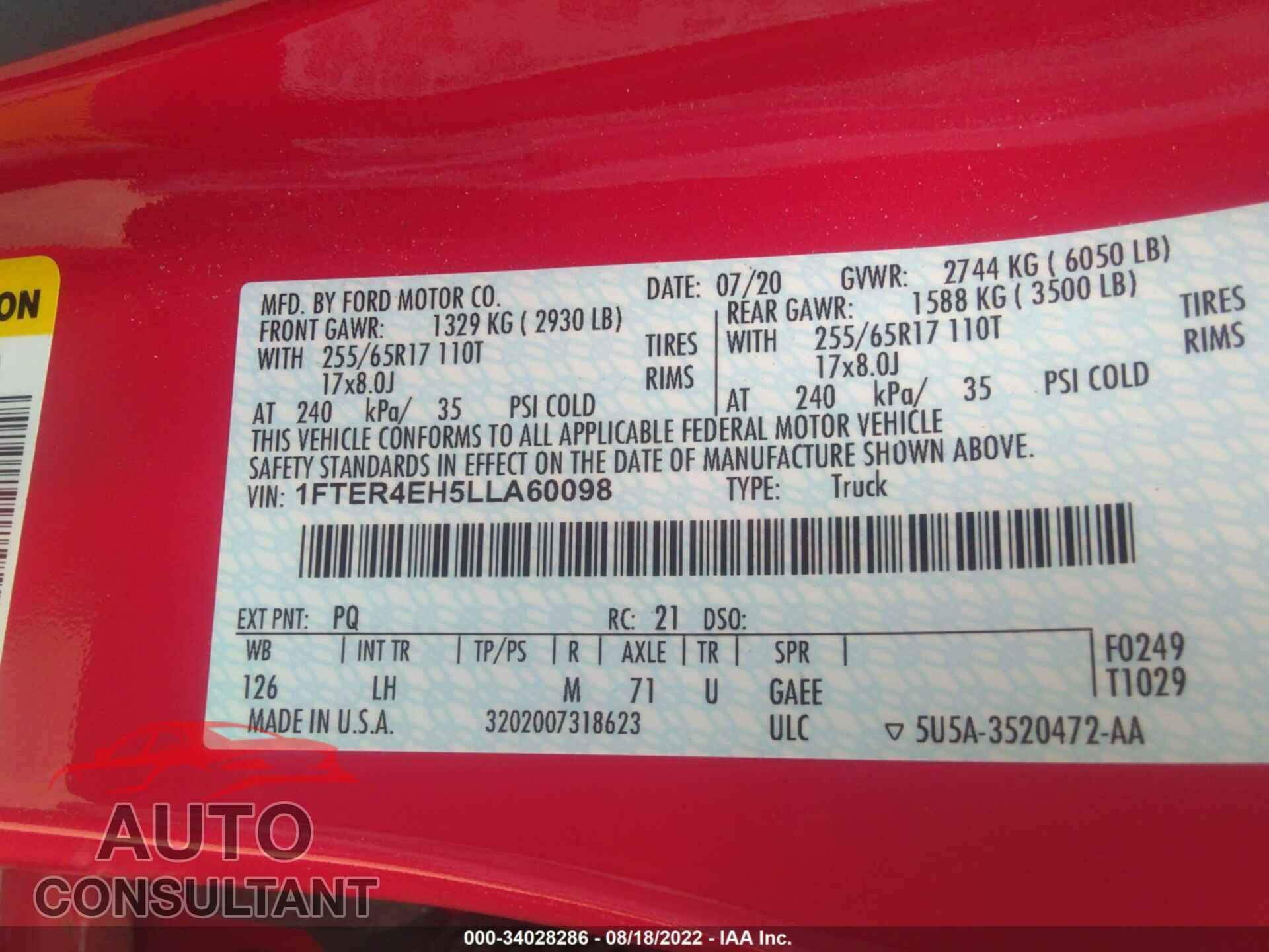 FORD RANGER 2020 - 1FTER4EH5LLA60098