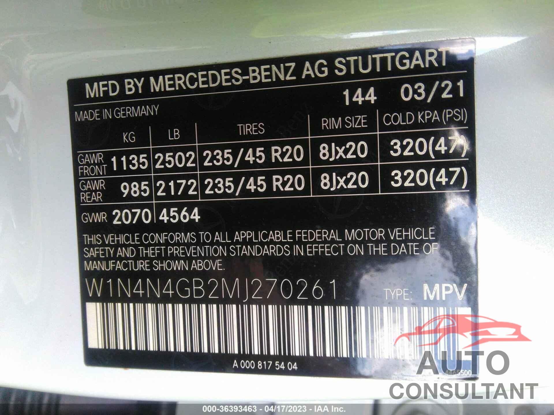 MERCEDES-BENZ GLA 2021 - W1N4N4GB2MJ270261
