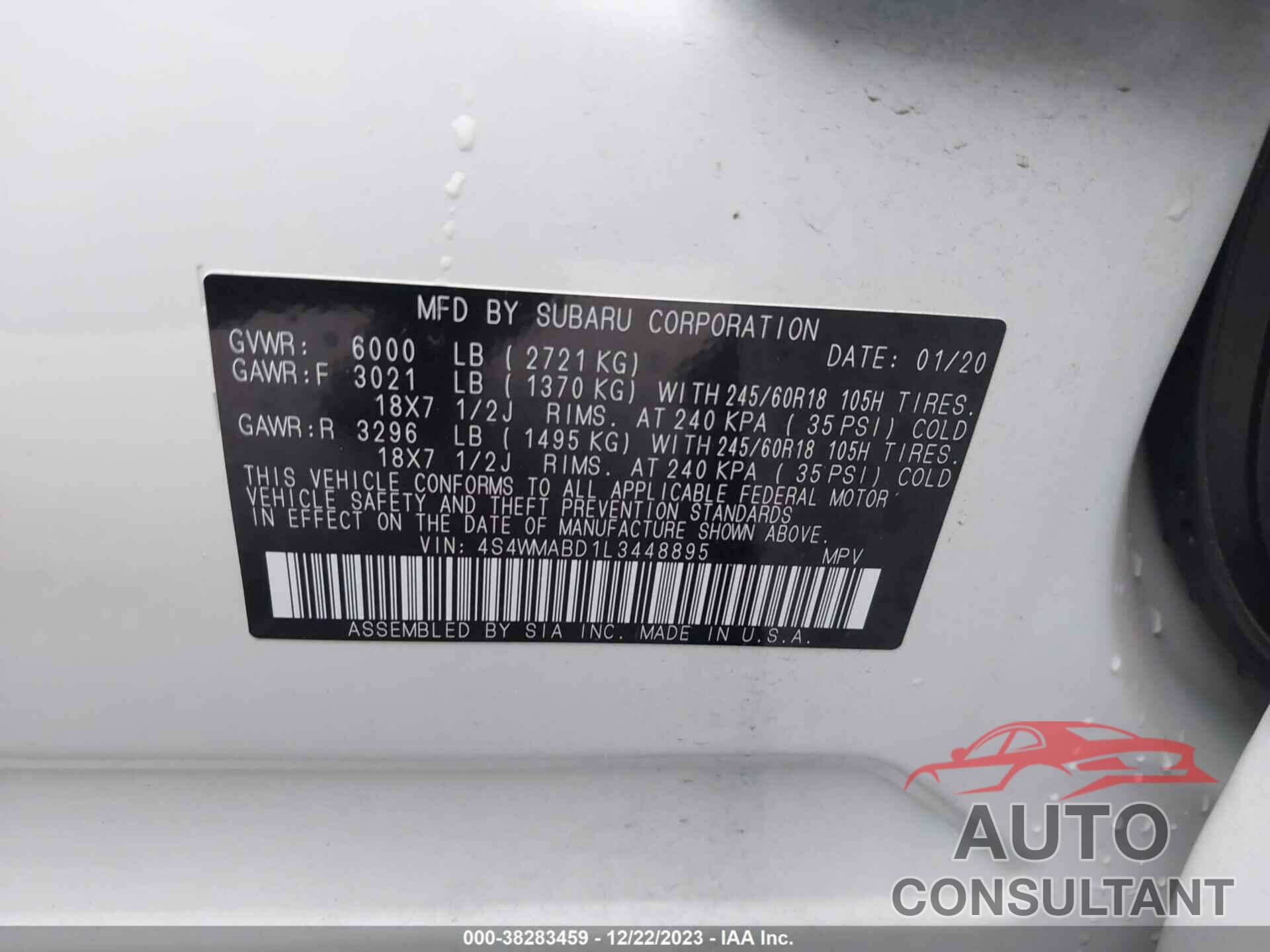 SUBARU ASCENT 2020 - 4S4WMABD1L3448895