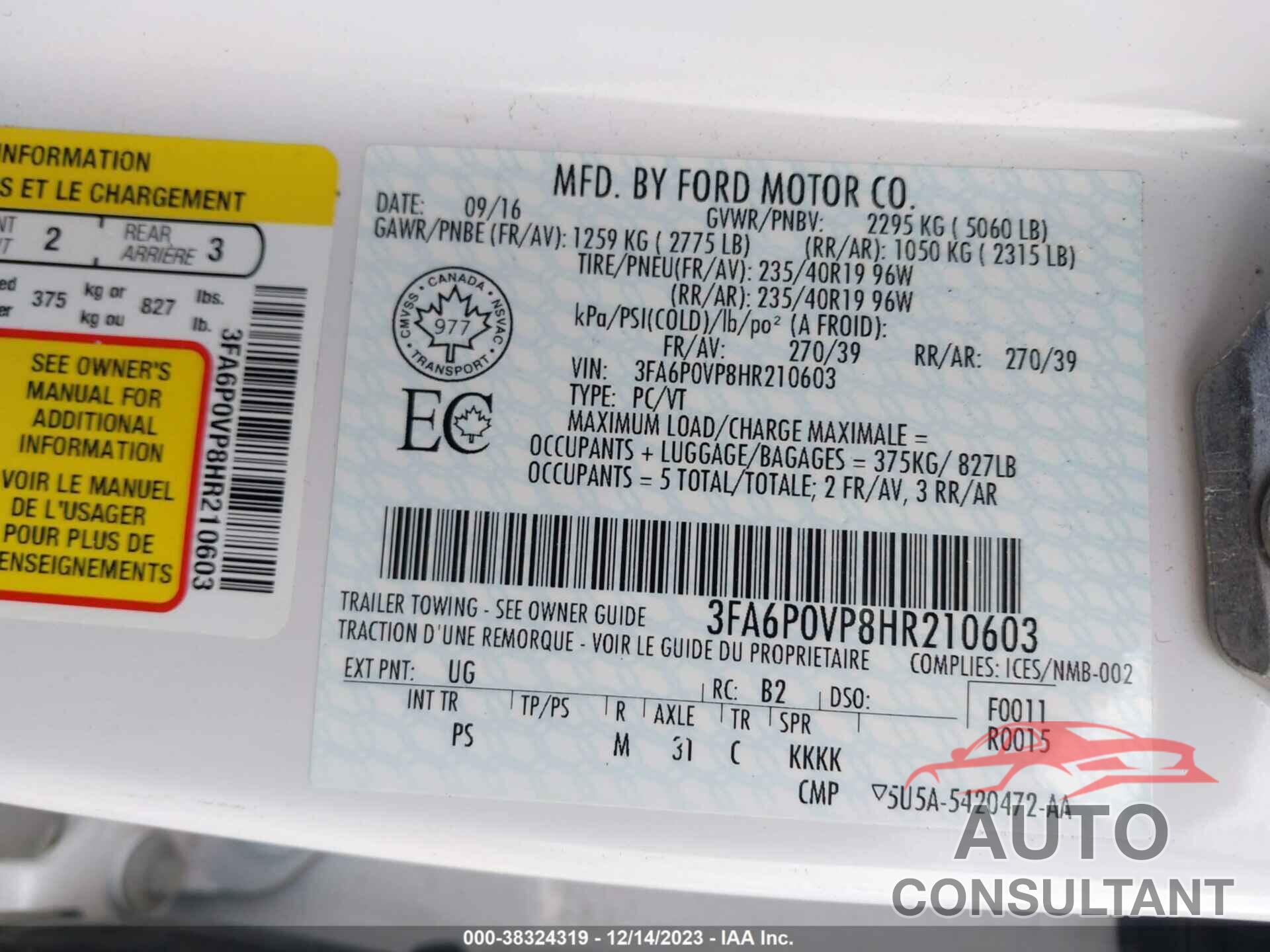 FORD FUSION 2017 - 3FA6P0VP8HR210603