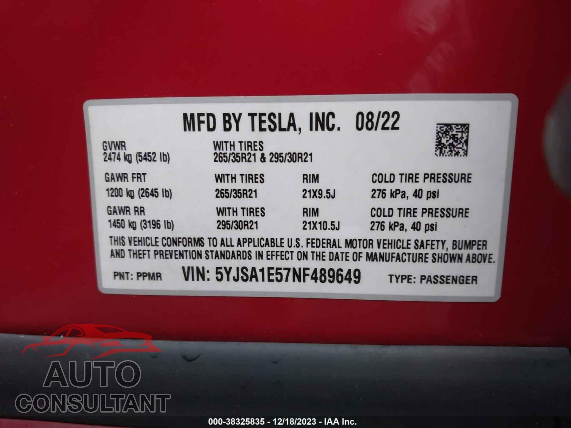 TESLA MODEL S 2022 - 5YJSA1E57NF489649