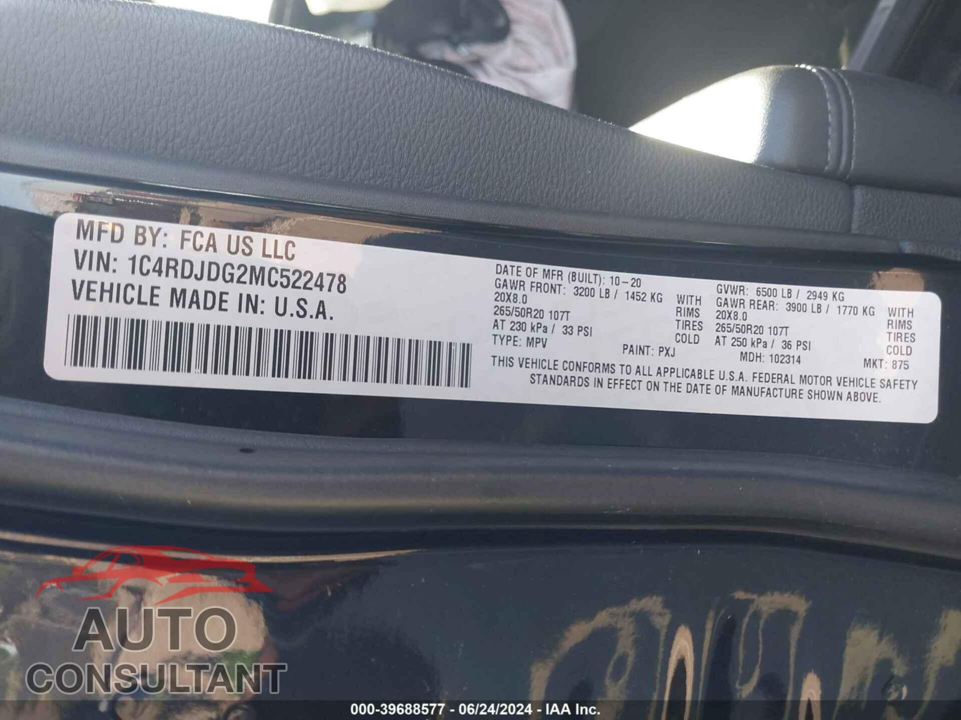 DODGE DURANGO 2021 - 1C4RDJDG2MC522478