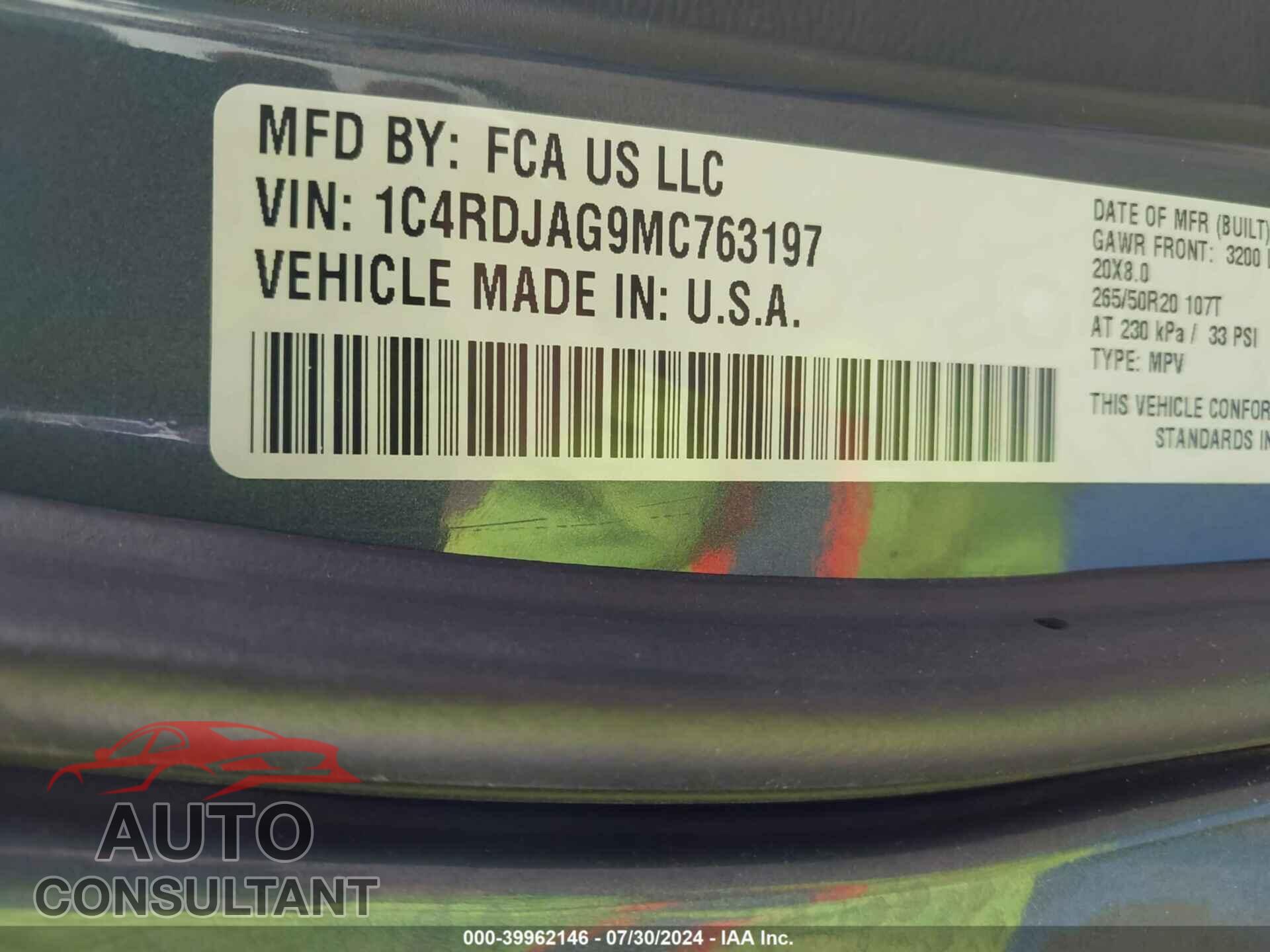 DODGE DURANGO 2021 - 1C4RDJAG9MC763197