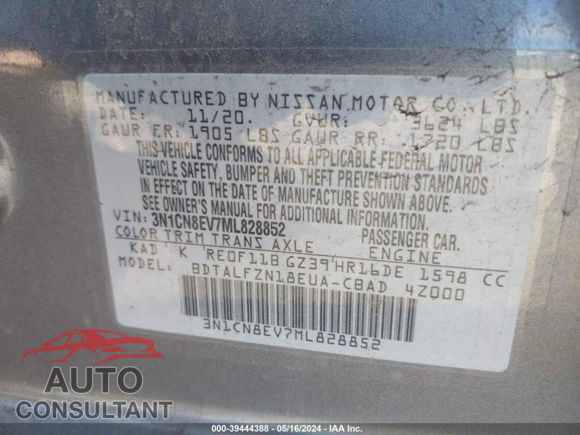 NISSAN VERSA 2021 - 3N1CN8EV7ML828852