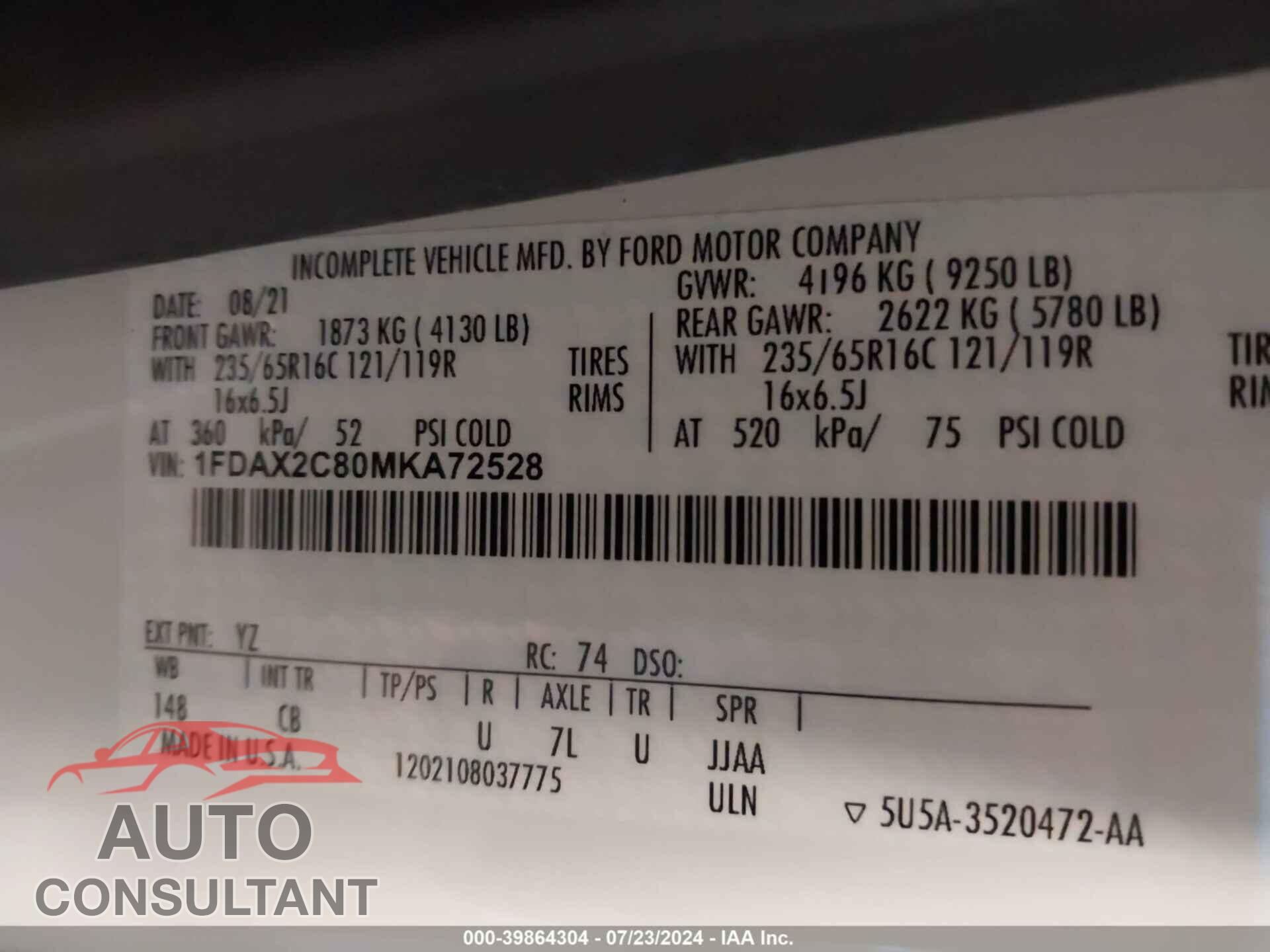 FORD TRANSIT-350 PASSENGER VAN 2021 - 1FDAX2C80MKA72528